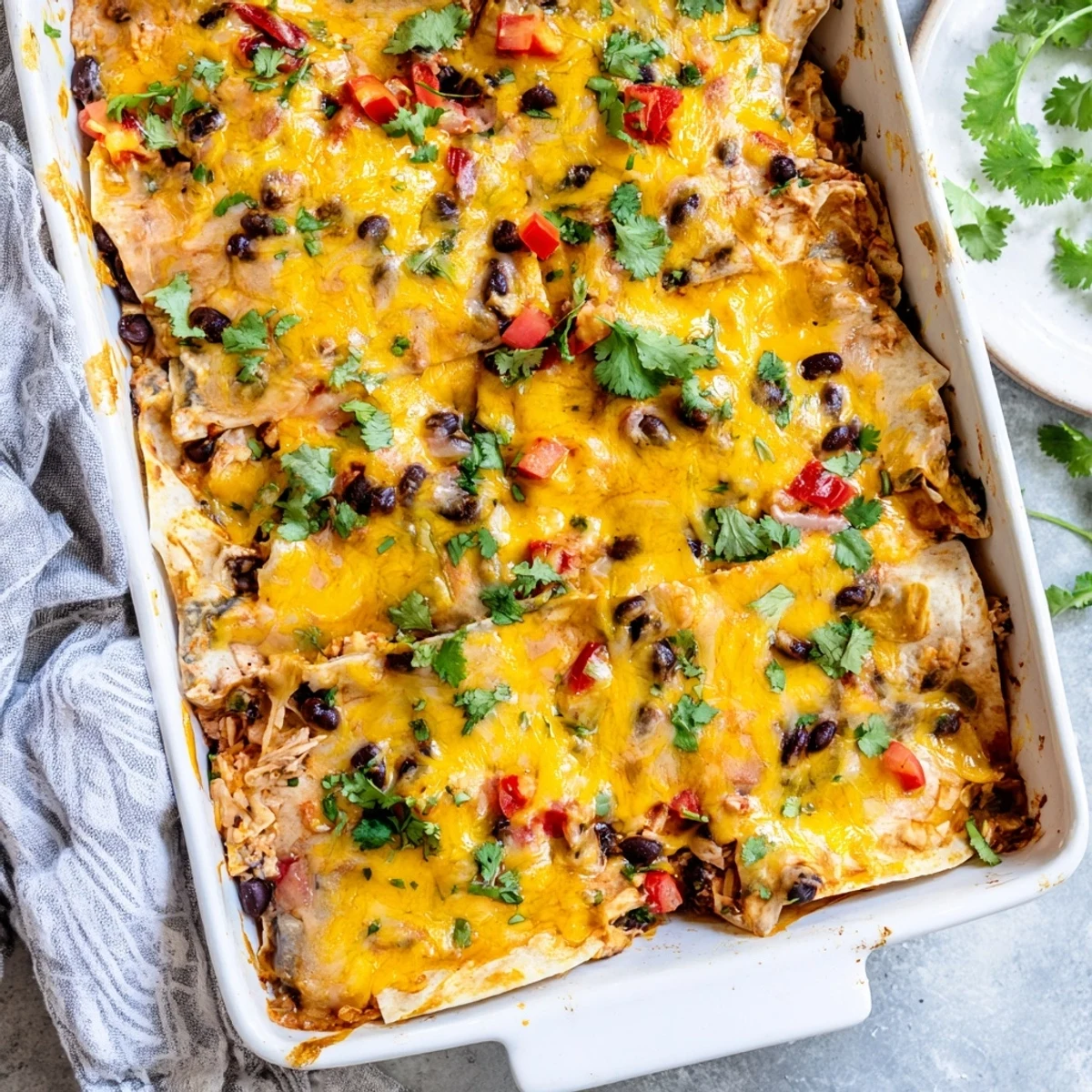 Steaming casserole dish topped with melted cheddar and Monterey Jack cheese over soft flour tortillas