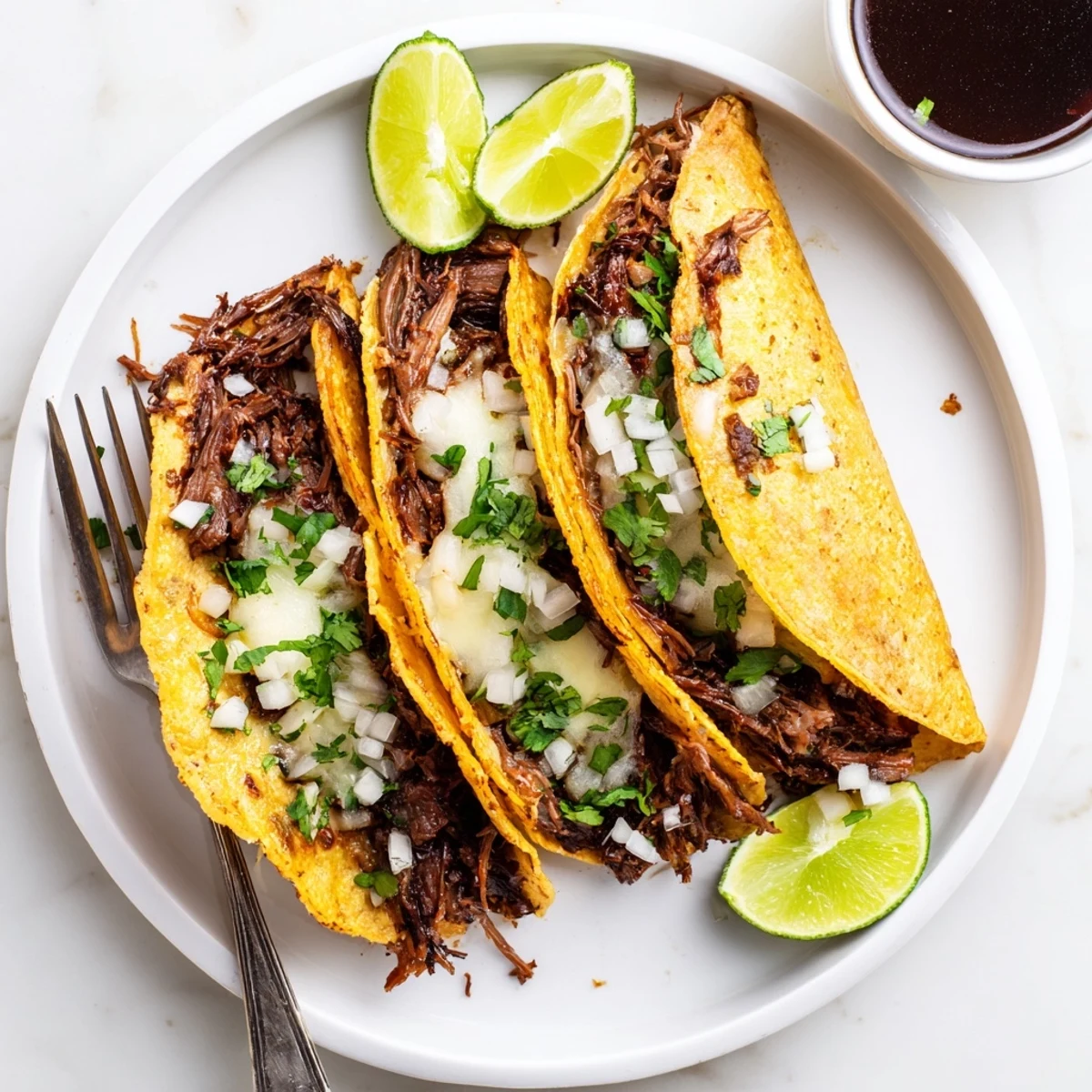 Golden crispy Birria Tacos filled with tender shredded beef and melted Oaxaca cheese
