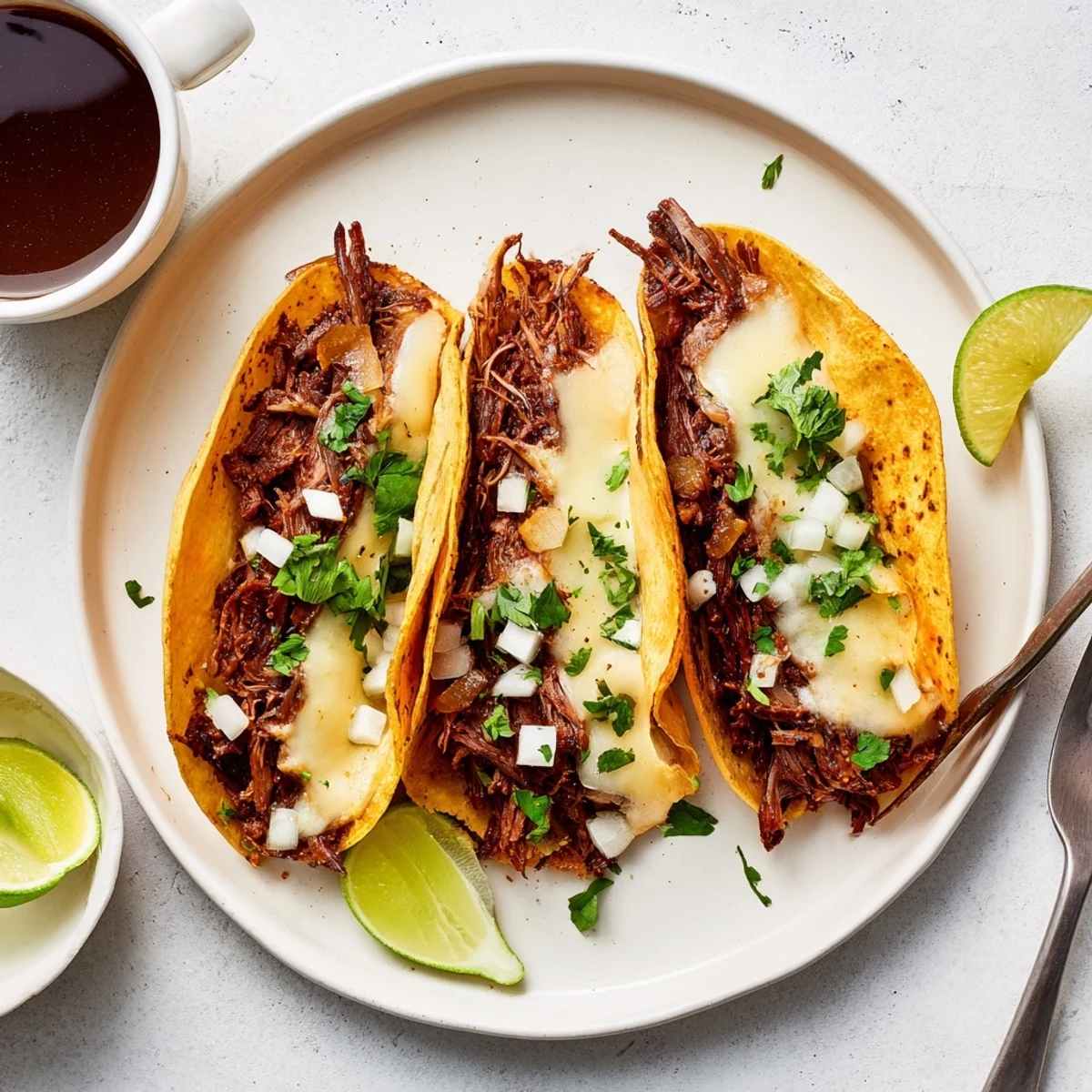 Birria Tacos with consommé dipping bowl garnished with fresh cilantro and white onion