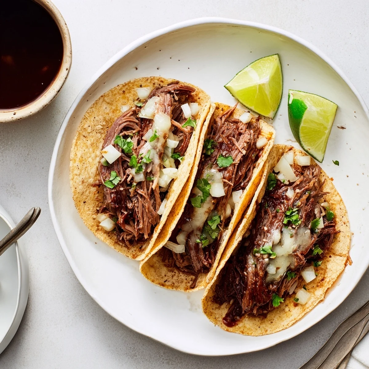 Mexican Birria Tacos featuring cheesy folded corn tortillas served alongside rich dark consommé