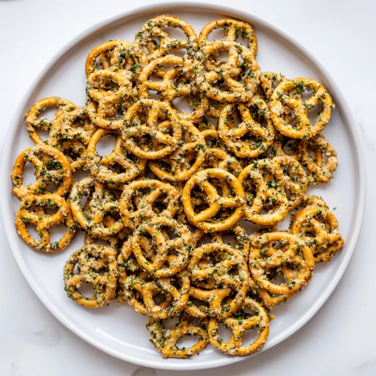 Golden pretzels coated in dill pickle ranch seasoning served in a wooden bowl