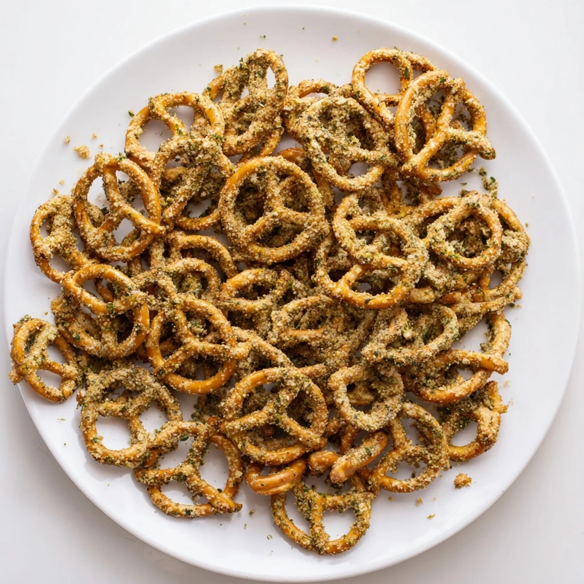 Homemade dill pickle ranch pretzels piled high on a rustic serving platter