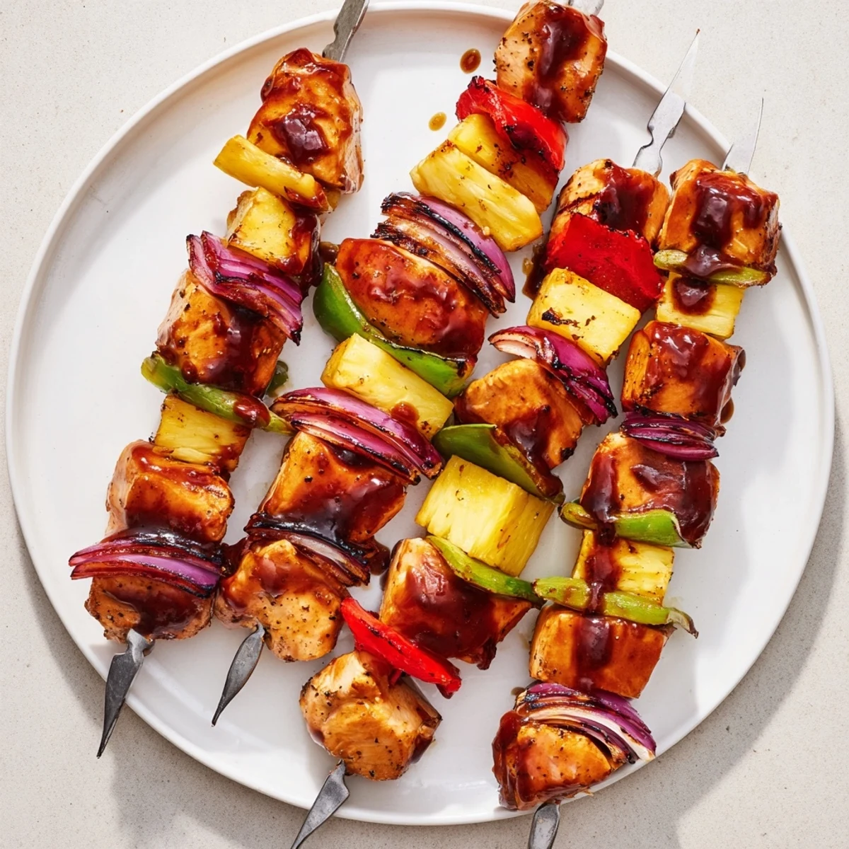 Bbq Pineapple Chicken Kabobs sizzling on grill with charred pineapple and peppers