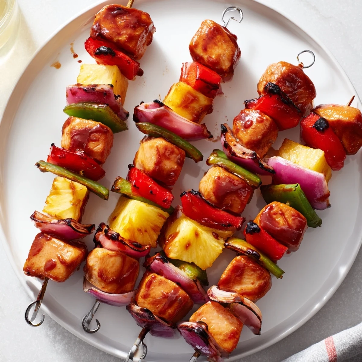 Saucy Bbq Pineapple Chicken Kabobs brushed with glaze, resting on wooden skewers