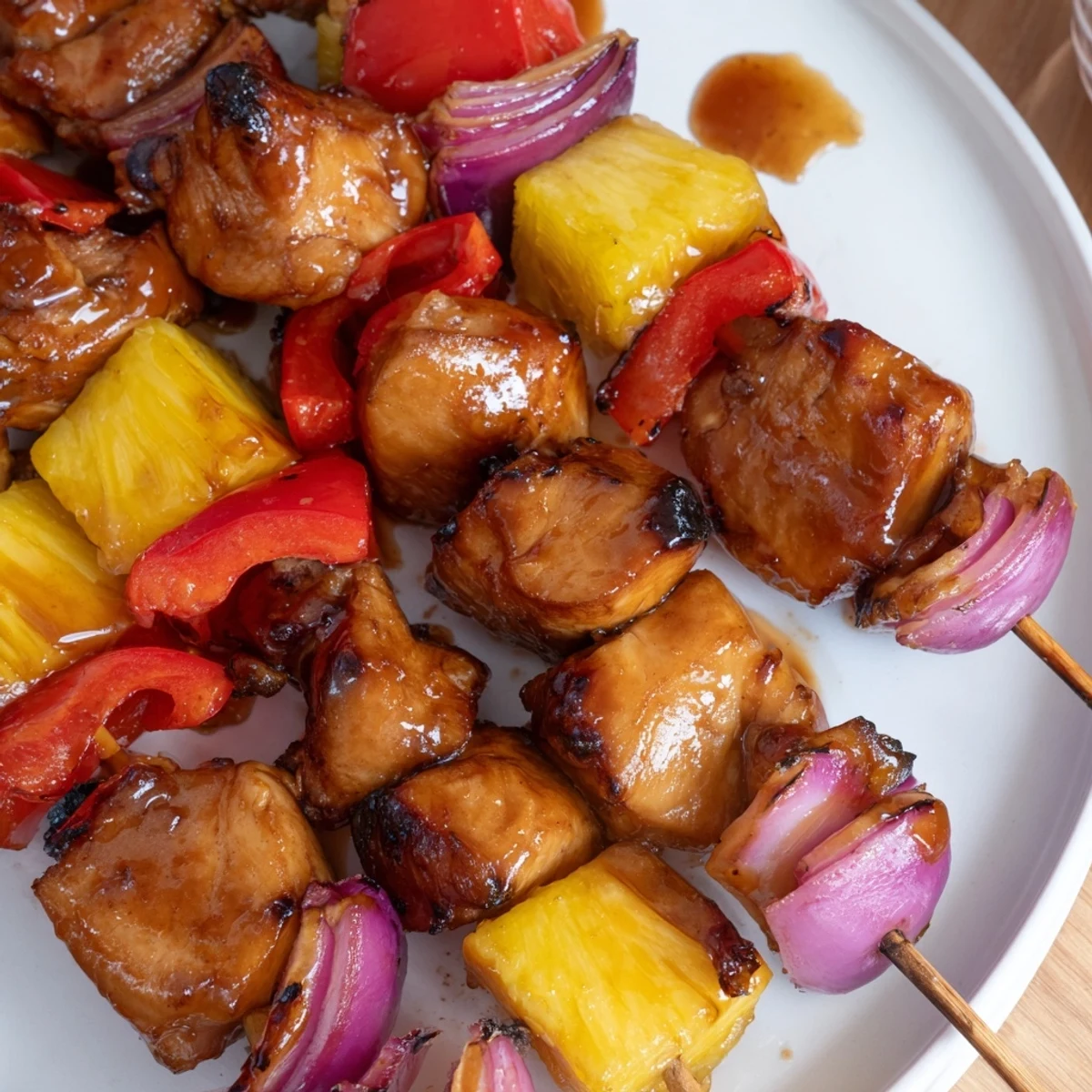 Grilled Hawaiian Turn Turn Chicken Kebabs glistening with char, pineapple and peppers