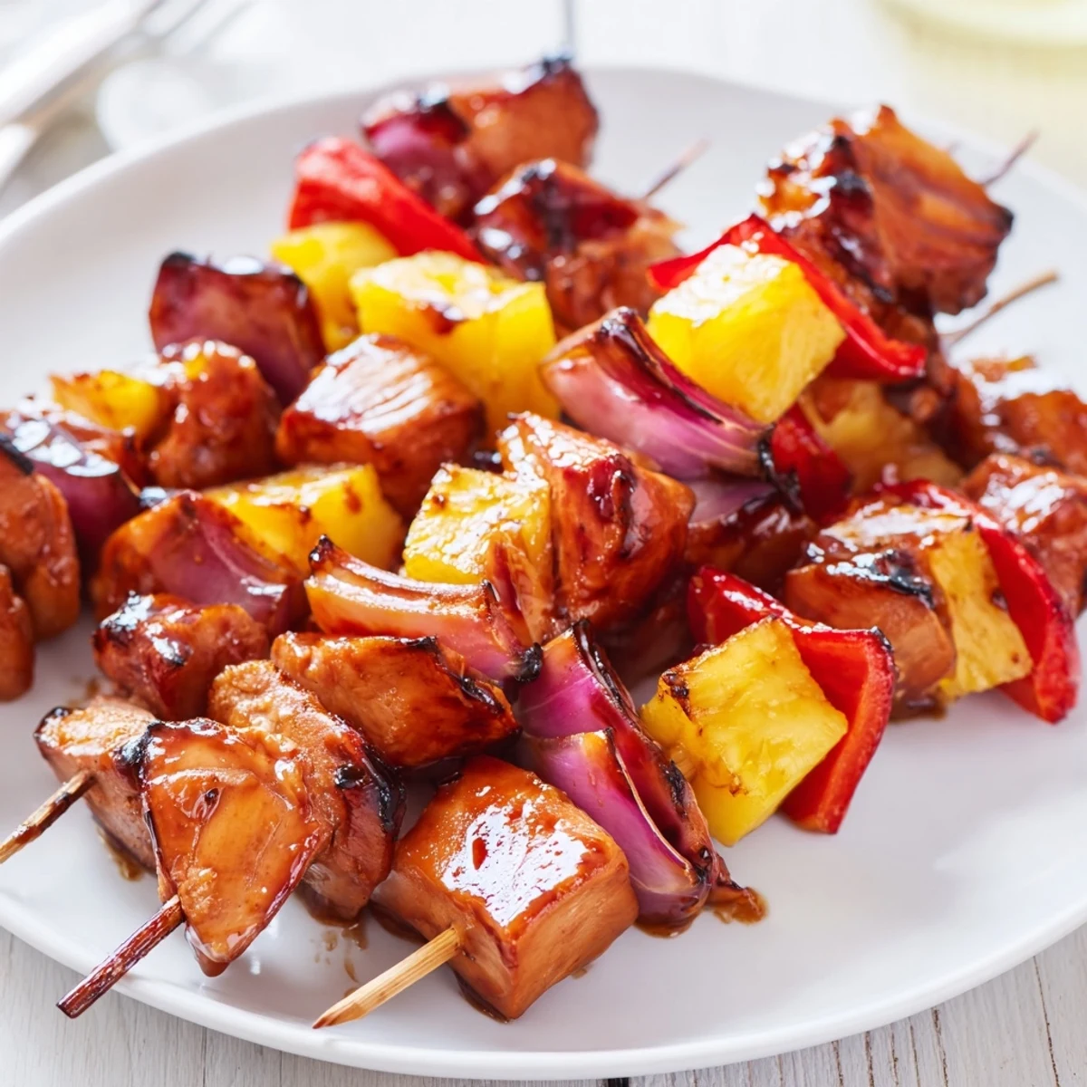 Hawaiian Turn Turn Chicken Kebabs served hot over coconut rice, smoky grill aroma