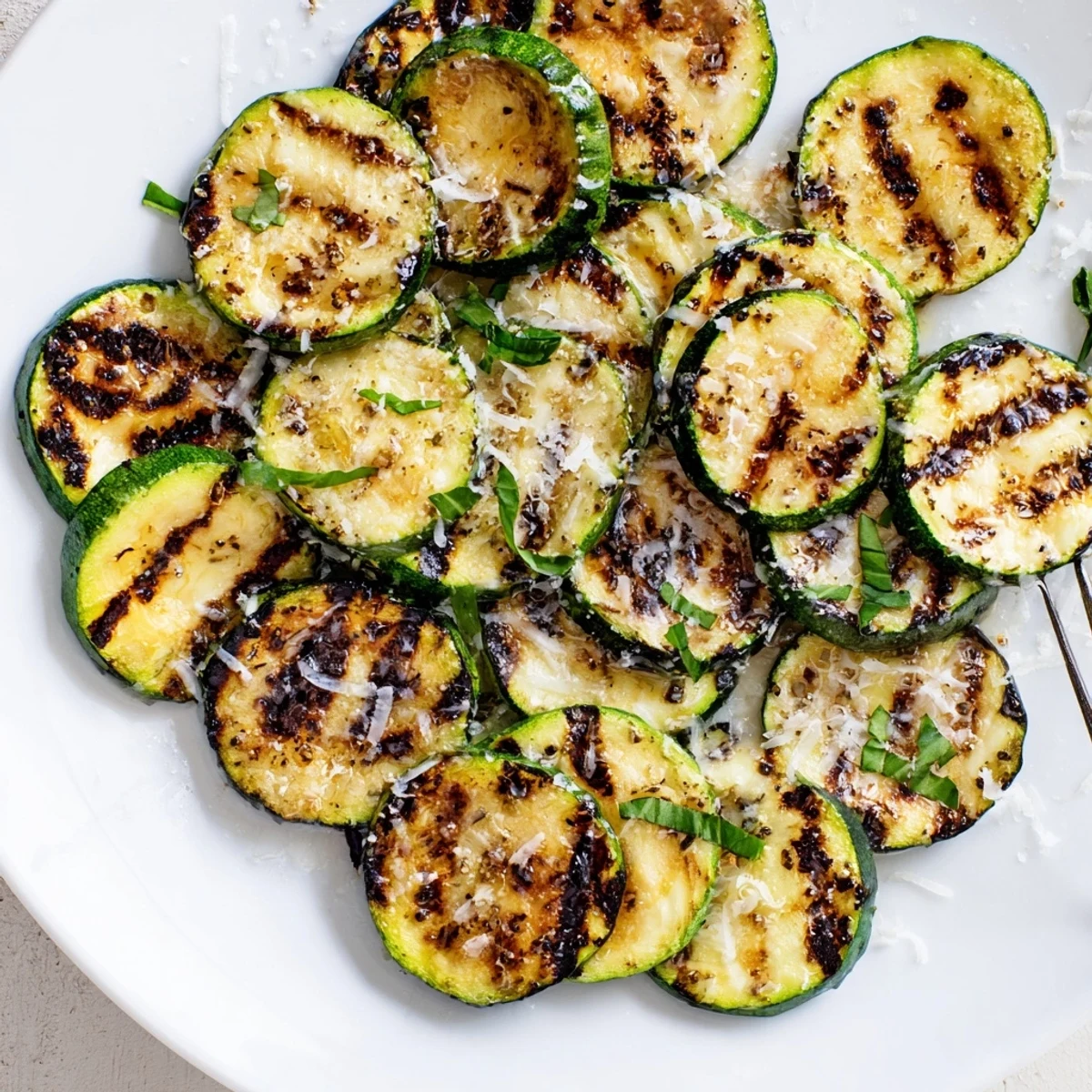 Crispy Grilled Zucchini With Parmesan And Fresh Herbs, sizzling with charred edges  