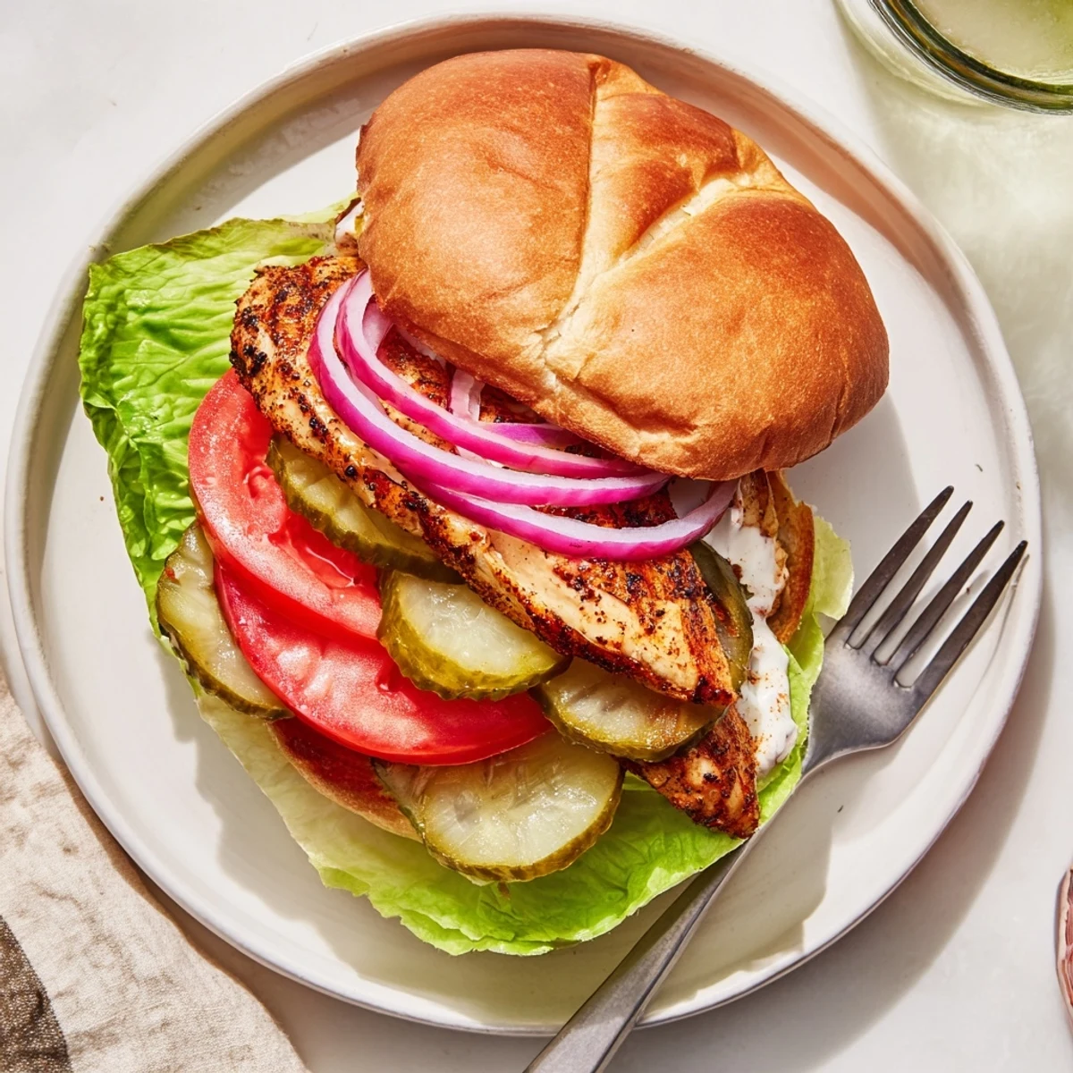 Hand-held Savory Spiced Chicken Sandwiches featuring perfectly grilled chicken with vegetables and pickles on golden toasted sesame buns