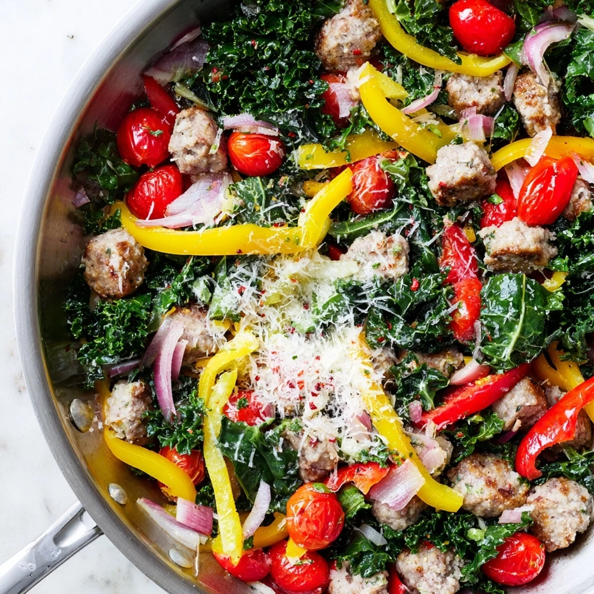 Vibrant one-pan sausage and pepper meal with caramelized vegetables and fresh greens ready for serving