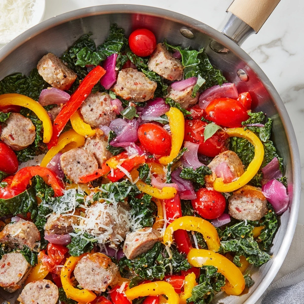 Hearty sausage peppers greens skillet one pan dinner featuring wilted greens and juicy Italian sausage pieces