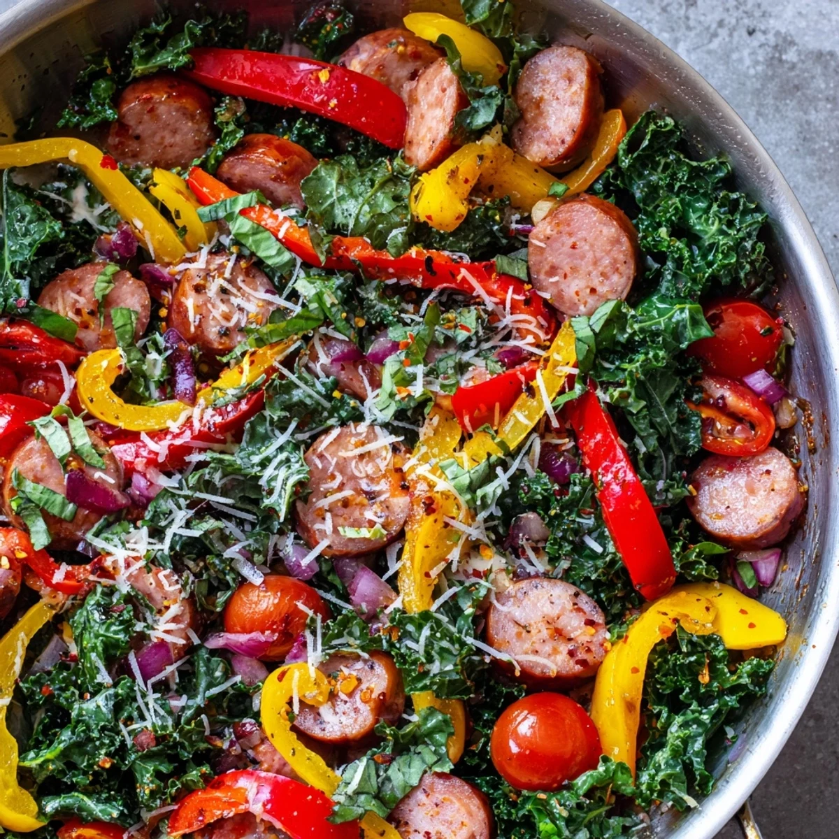 Golden browned sausage slices nestled among colorful red and yellow bell peppers in a cast iron skillet