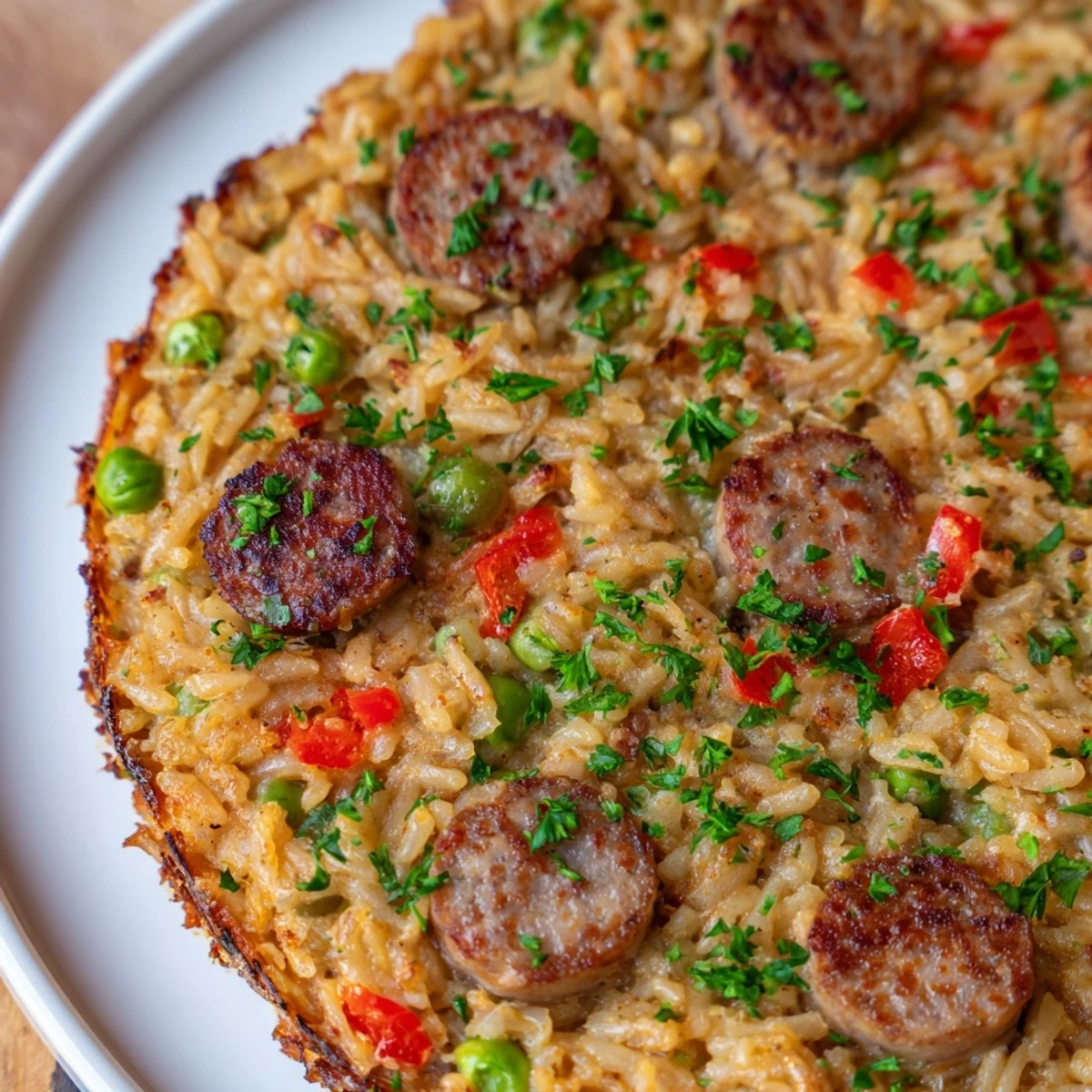 Golden brown crispy skillet rice topped with savory chicken sausage and colorful vegetables