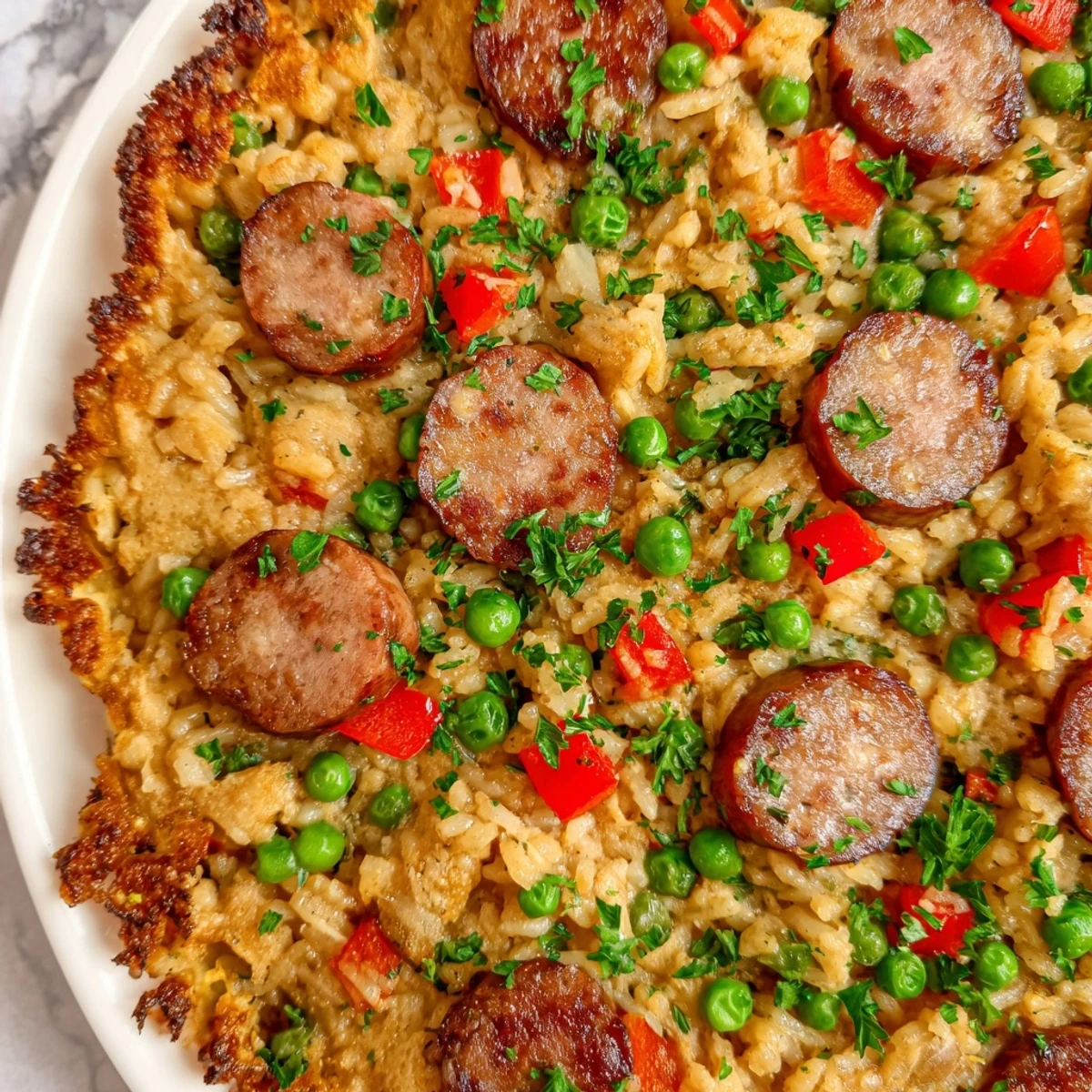 One-pan crispy rice dish with sliced chicken sausage, peas, and red bell pepper