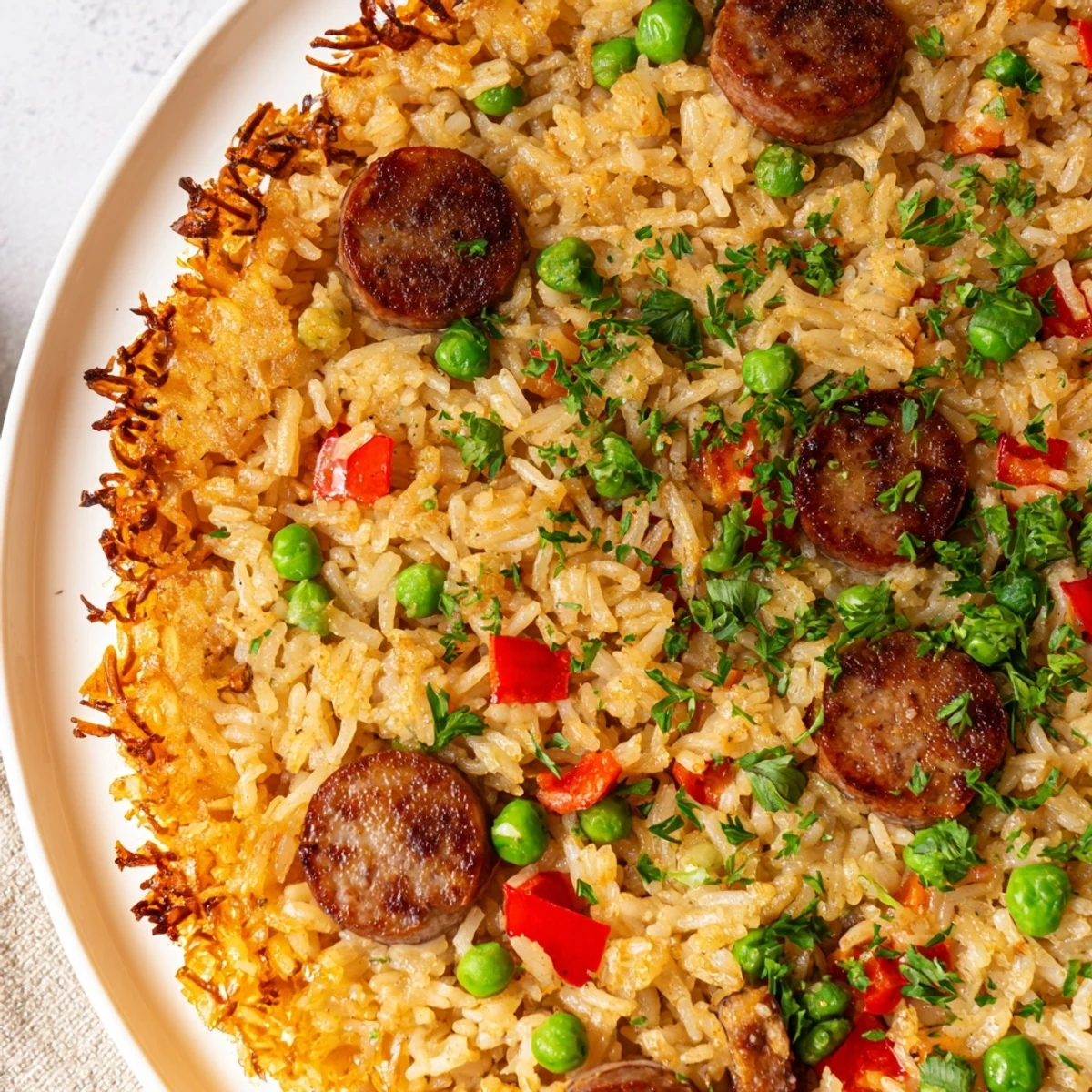 Comforting skillet rice featuring golden crispy bottom layer with chicken sausage and fresh parsley