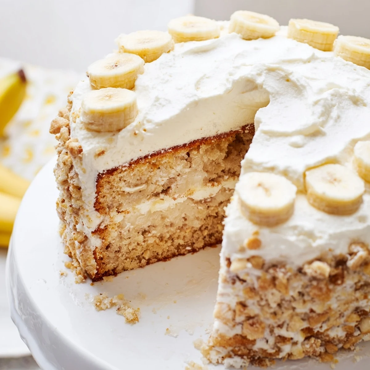 Moist banana pudding cake layered with creamy vanilla filling and fresh sliced bananas on a serving platter