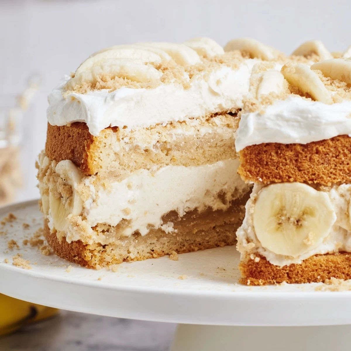 Slice of banana pudding cake showing tender yellow crumbs topped with whipped cream and crushed vanilla wafers