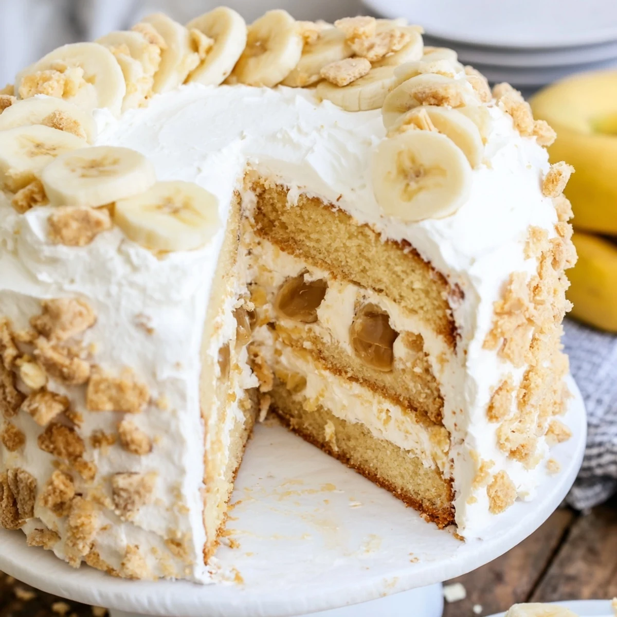 Two-tier banana pudding cake frosted with fluffy white cream and decorated with banana wheels and cookie crumbs