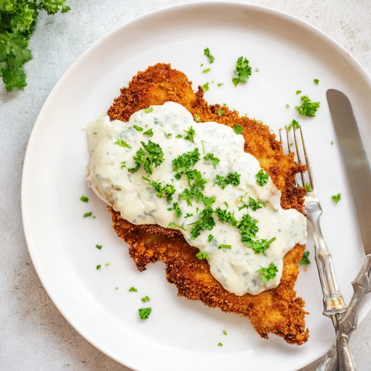 Golden brown crispy chicken breasts draped in a rich Parmesan creamy sauce