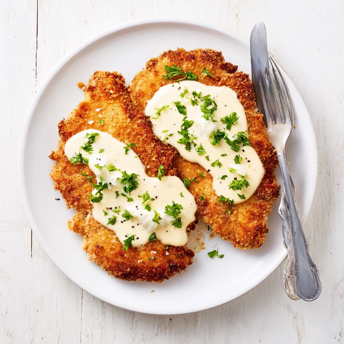 Juicy pan-fried chicken with crunchy breadcrumb coating and velvety garlic cream sauce