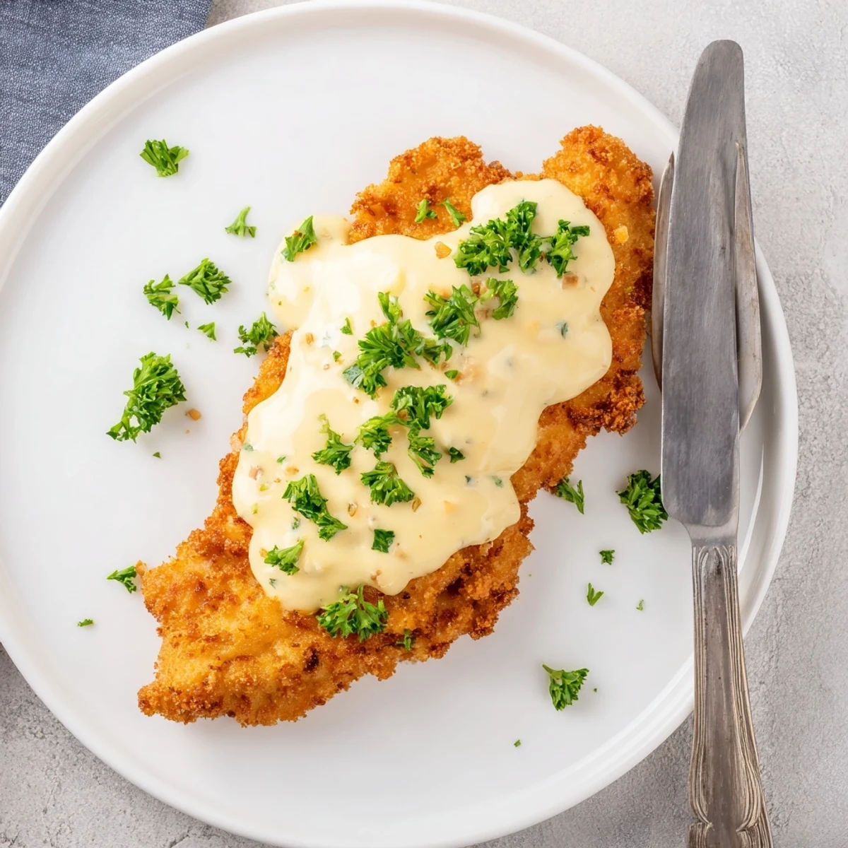 Crispy chicken recipe topped with smooth white sauce and fresh parsley garnish