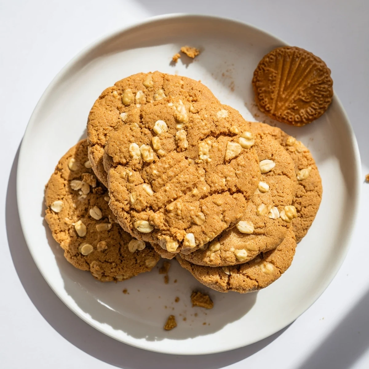 Golden Biscoff oatmeal Lotus cookies topped with crushed biscuits, freshly baked and ready for cooling