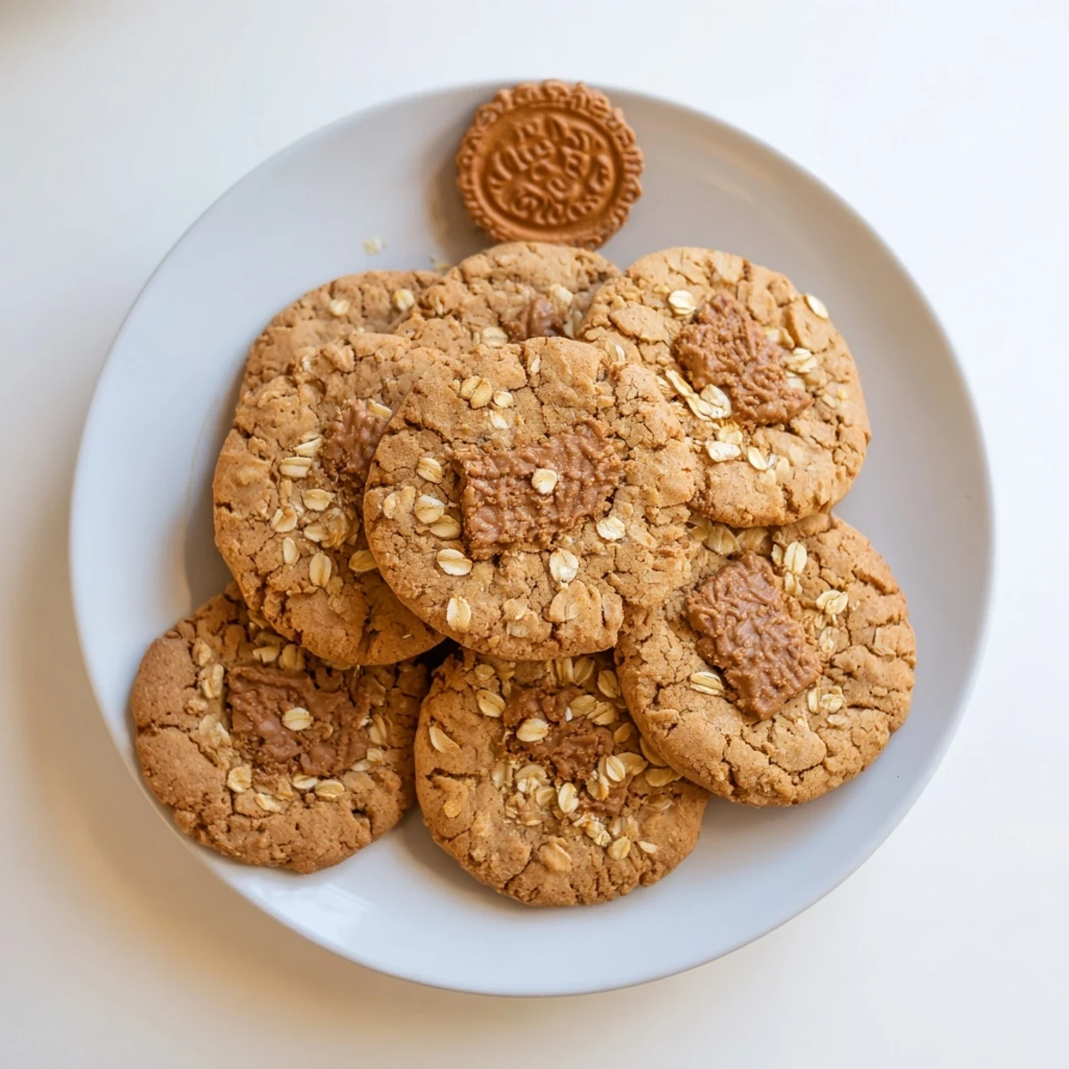 Chewy Biscoff oatmeal Lotus cookies studded with caramelized biscuit chunks on a baking sheet