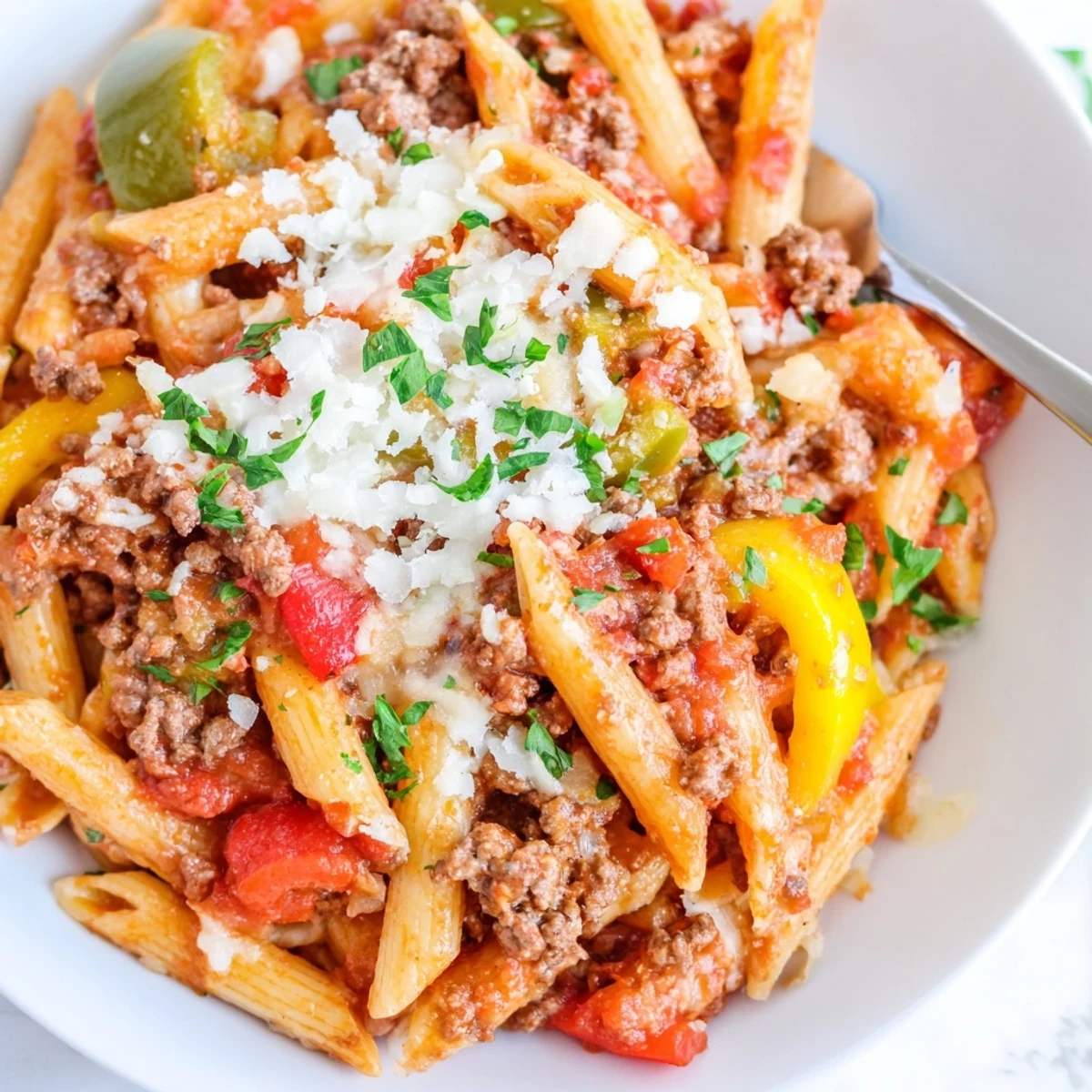 Cheesy Stuffed Pepper Skillet Pasta bubbling with gooey mozzarella, colorful diced peppers  