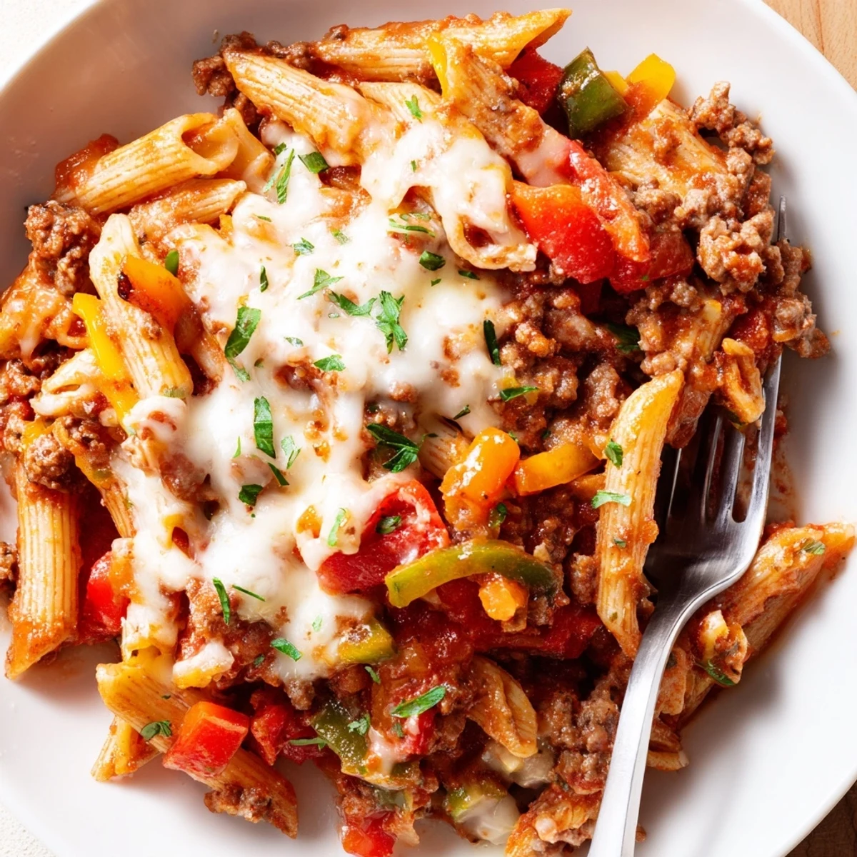 Hearty Cheesy Stuffed Pepper Skillet Pasta steaming hot, served family-style  