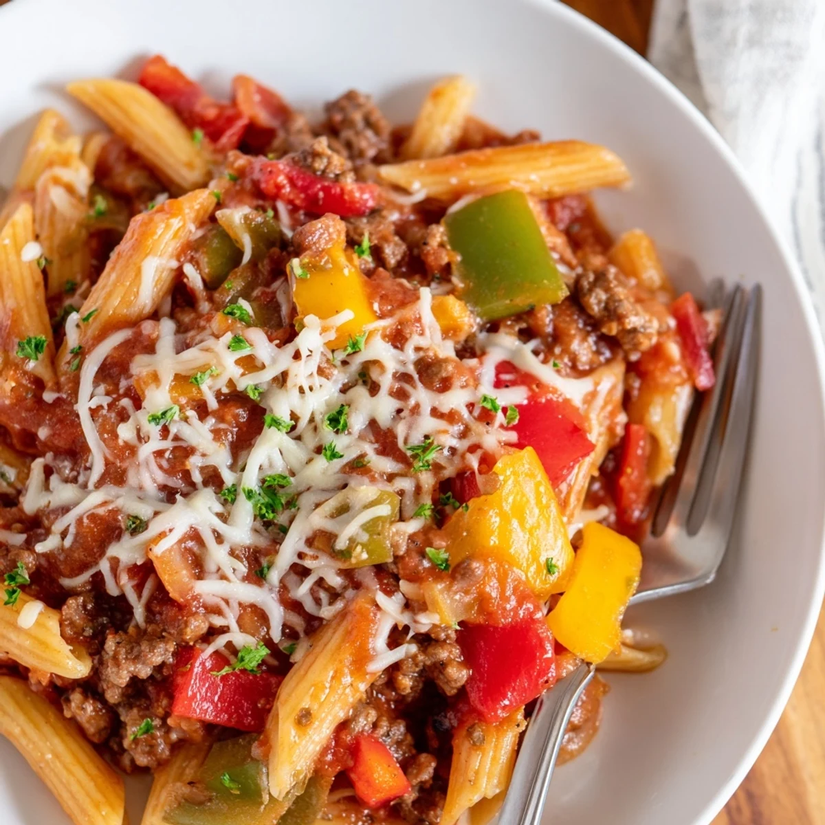 Weeknight Cheesy Stuffed Pepper Skillet Pasta with browned meat, tangy tomato, melted cheese
