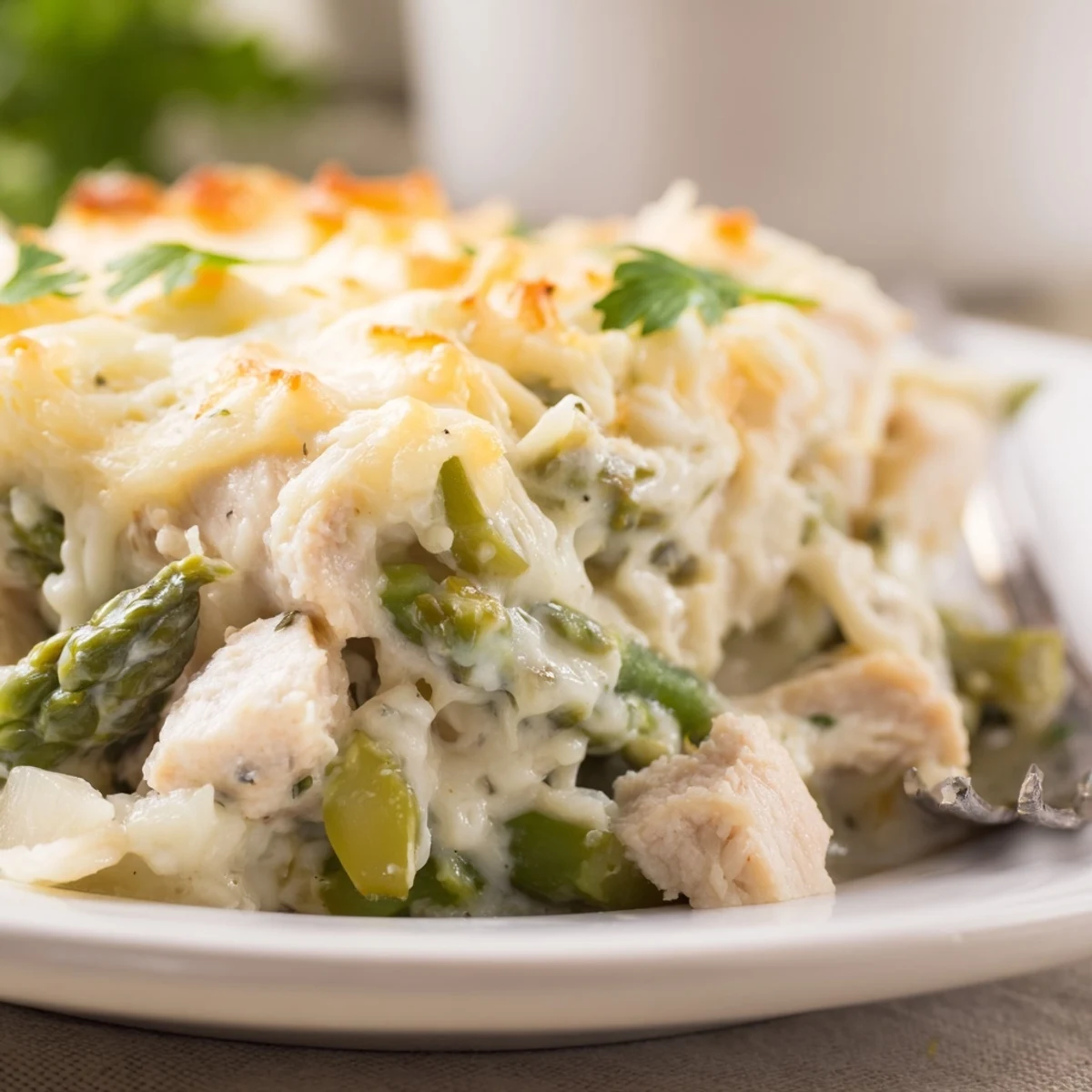 Creamy Chicken Asparagus Bake with golden bubbling cheese, tender chicken, bright asparagus.