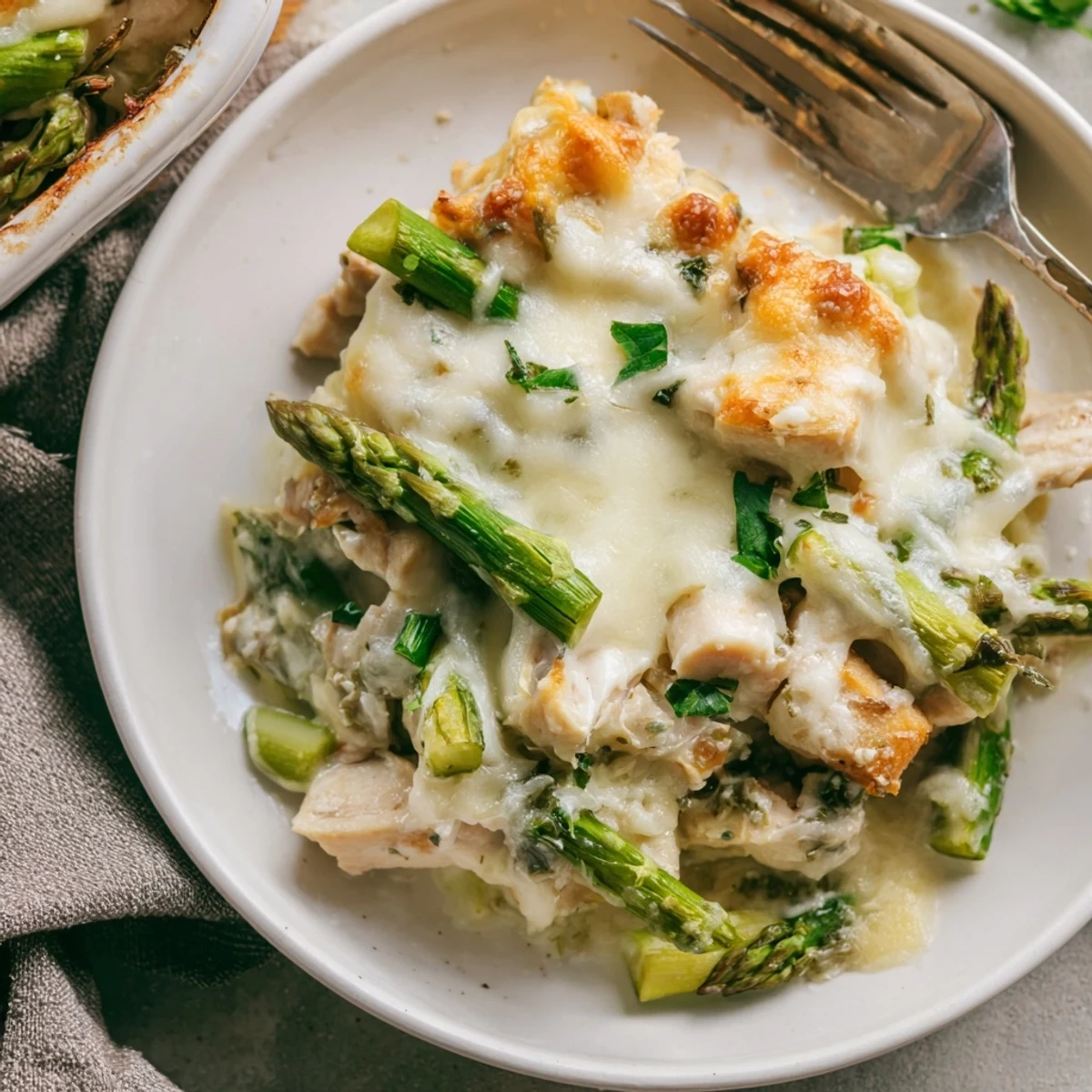Freshly baked Creamy Chicken Asparagus Bake, fragrant thyme cream sauce, parsley garnish.