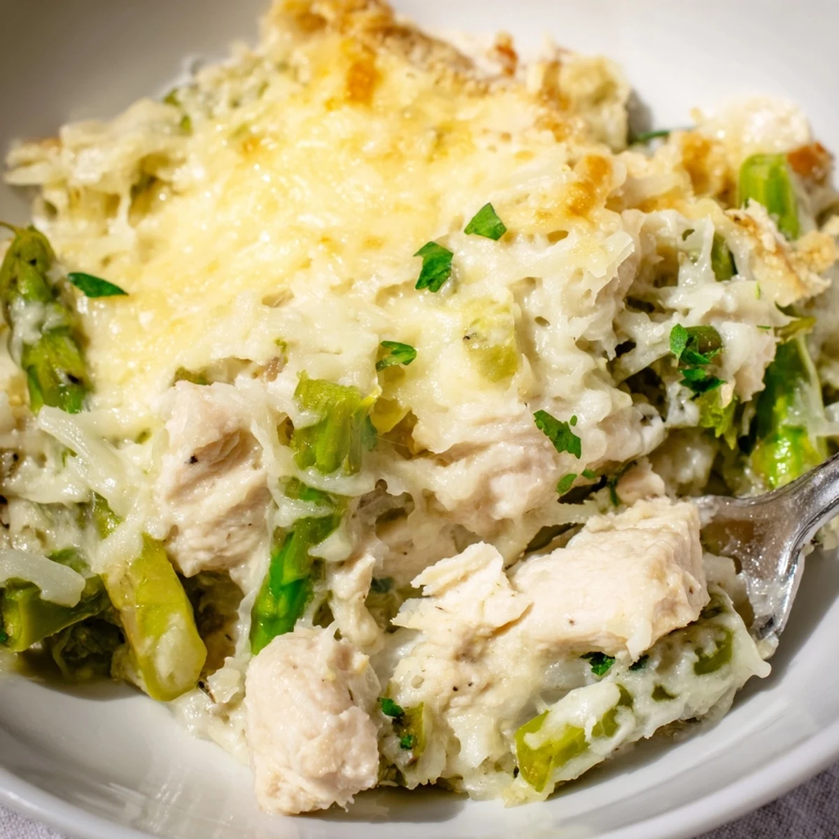 Creamy Chicken Asparagus Bake served hot with crisp green salad, melted mozzarella.