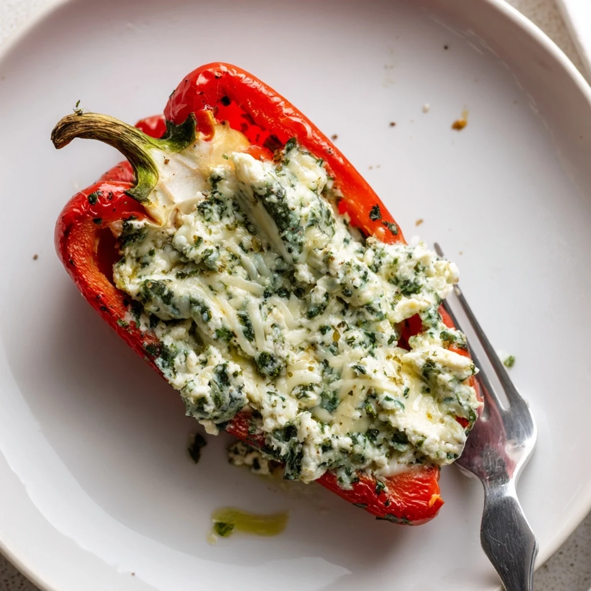 Herby Ricotta Stuffed Peppers, golden-topped and steaming in a ceramic baking dish