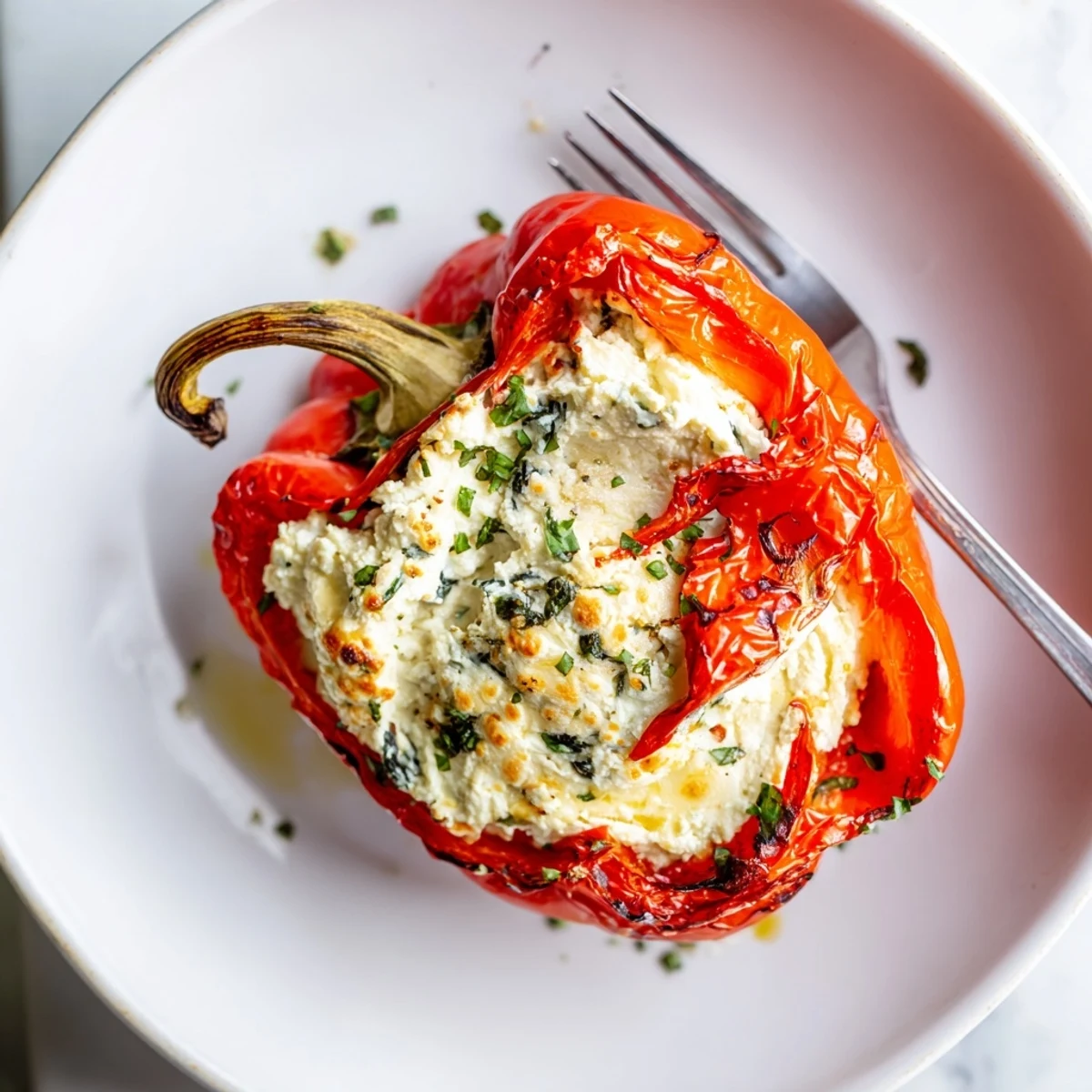 Baked Herby Ricotta Stuffed Peppers arranged with crusty bread and lemon wedges