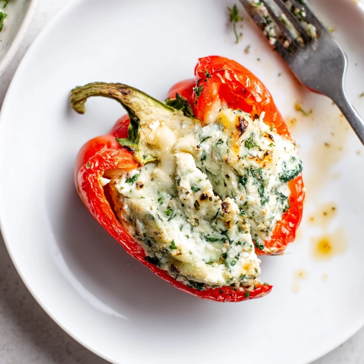 Oven-roasted Herby Ricotta Stuffed Peppers glistening with olive oil, herbs visible