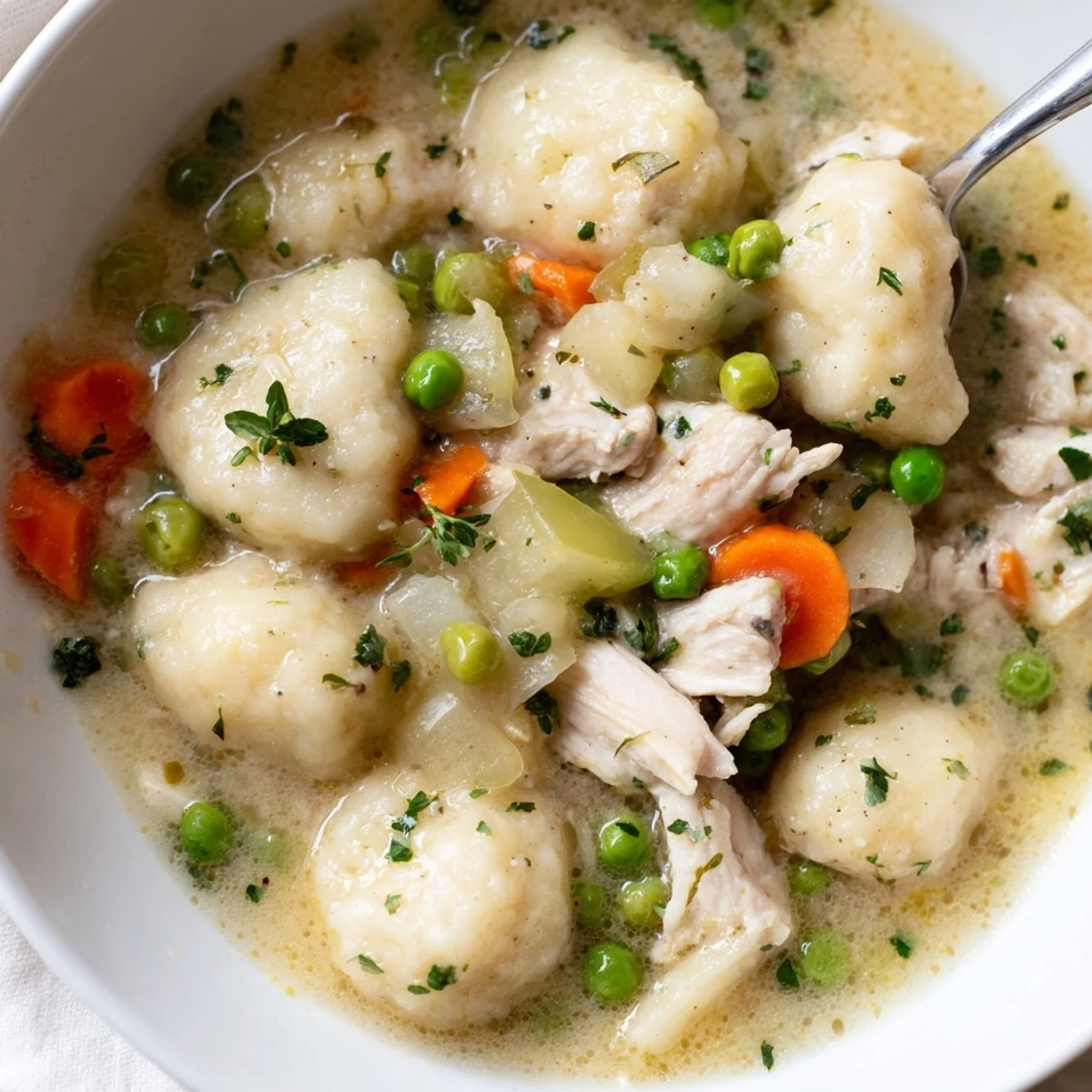 One Pot Chicken And Dumplings topped with parsley, ladled into warm bowls