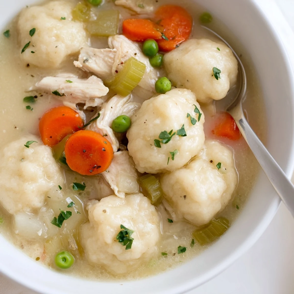 One Pot Chicken And Dumplings simmering in a Dutch oven, steam rising