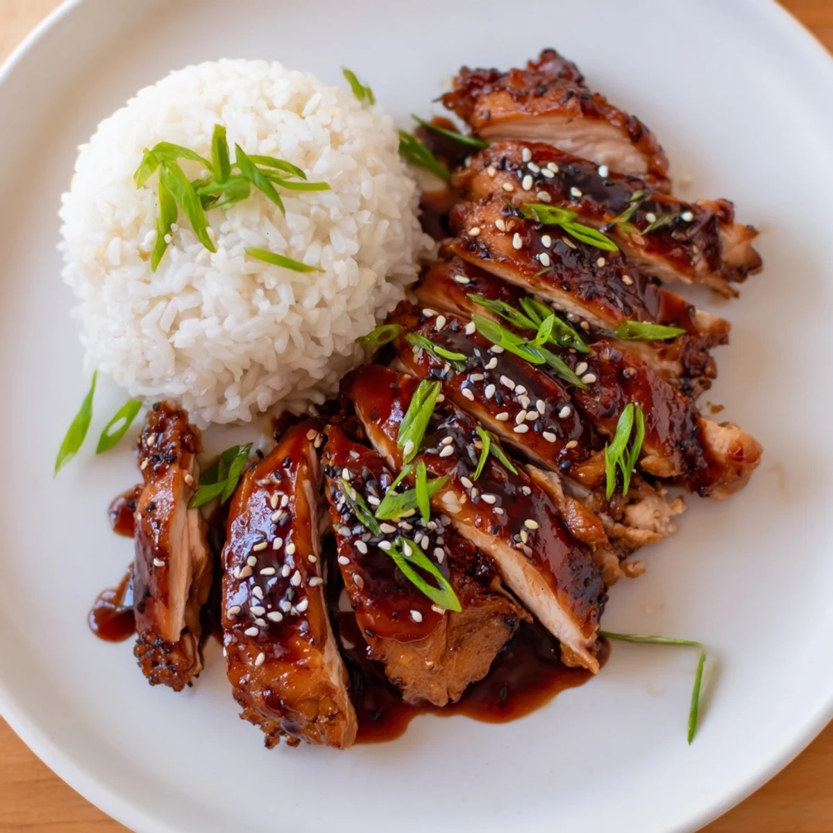 Char Siu Chicken marinated, caramelized thighs on rice with green onions