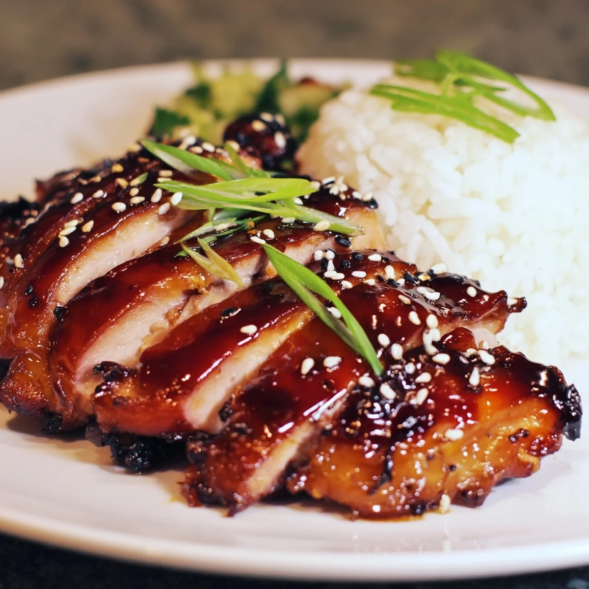 Char Siu Chicken broiled to smoky char, sticky five-spice glaze gleaming