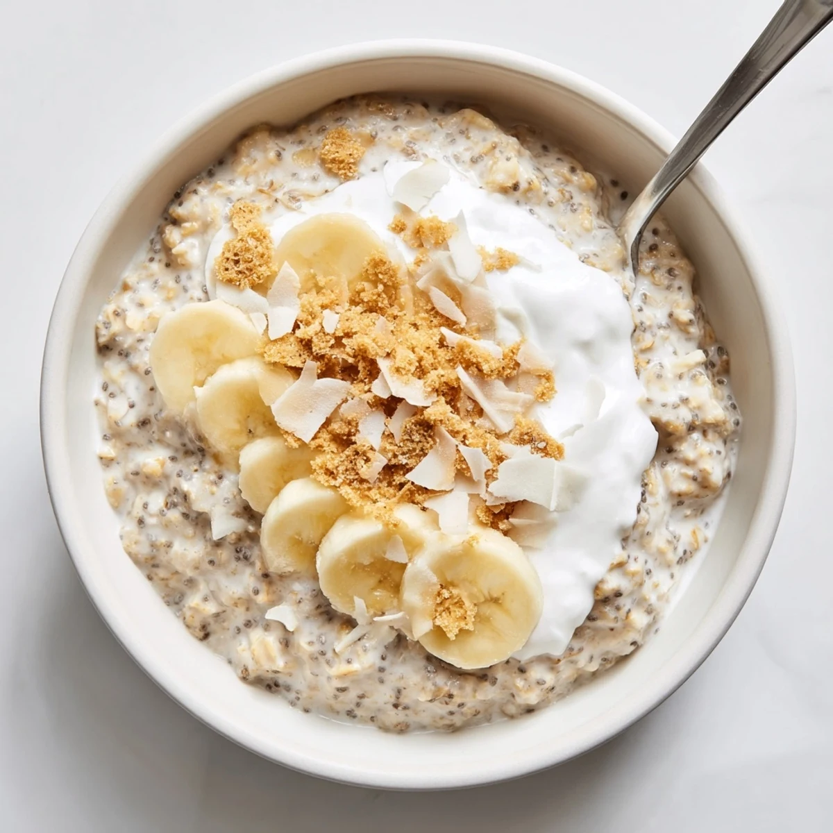 Make-ahead Coconut Cream Pie Overnight Oats chilling in jars, silky, coconut-scented
