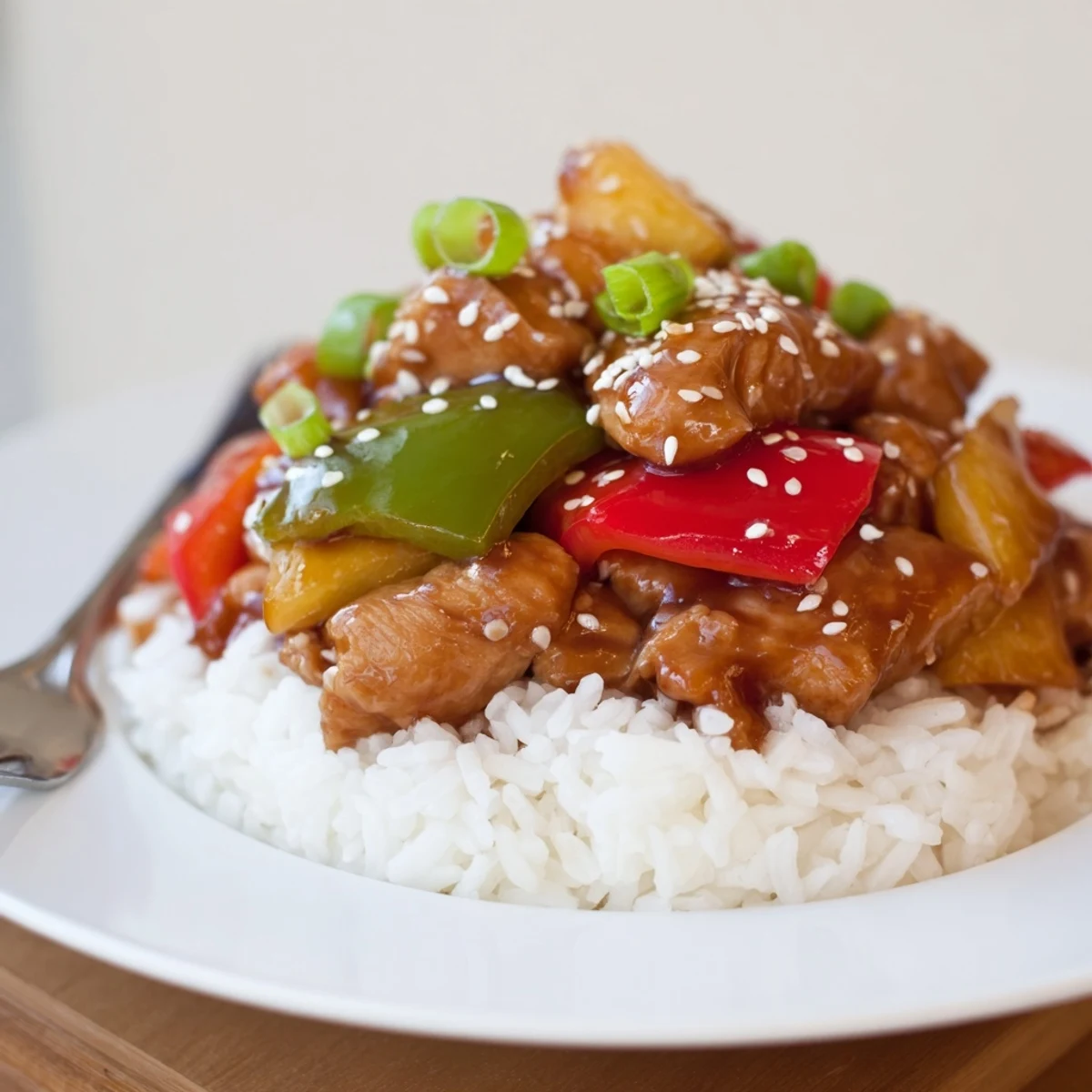 Sweet Hawaiian Crockpot Chicken simmering with pineapple, bell peppers, glossy brown sauce