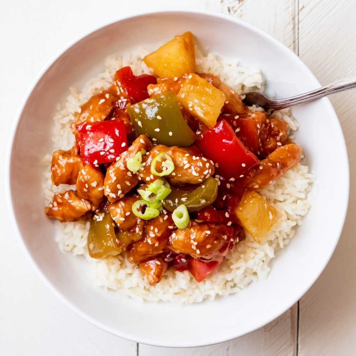 Family-style Sweet Hawaiian Crockpot Chicken served over steaming jasmine rice, juicy pineapple
