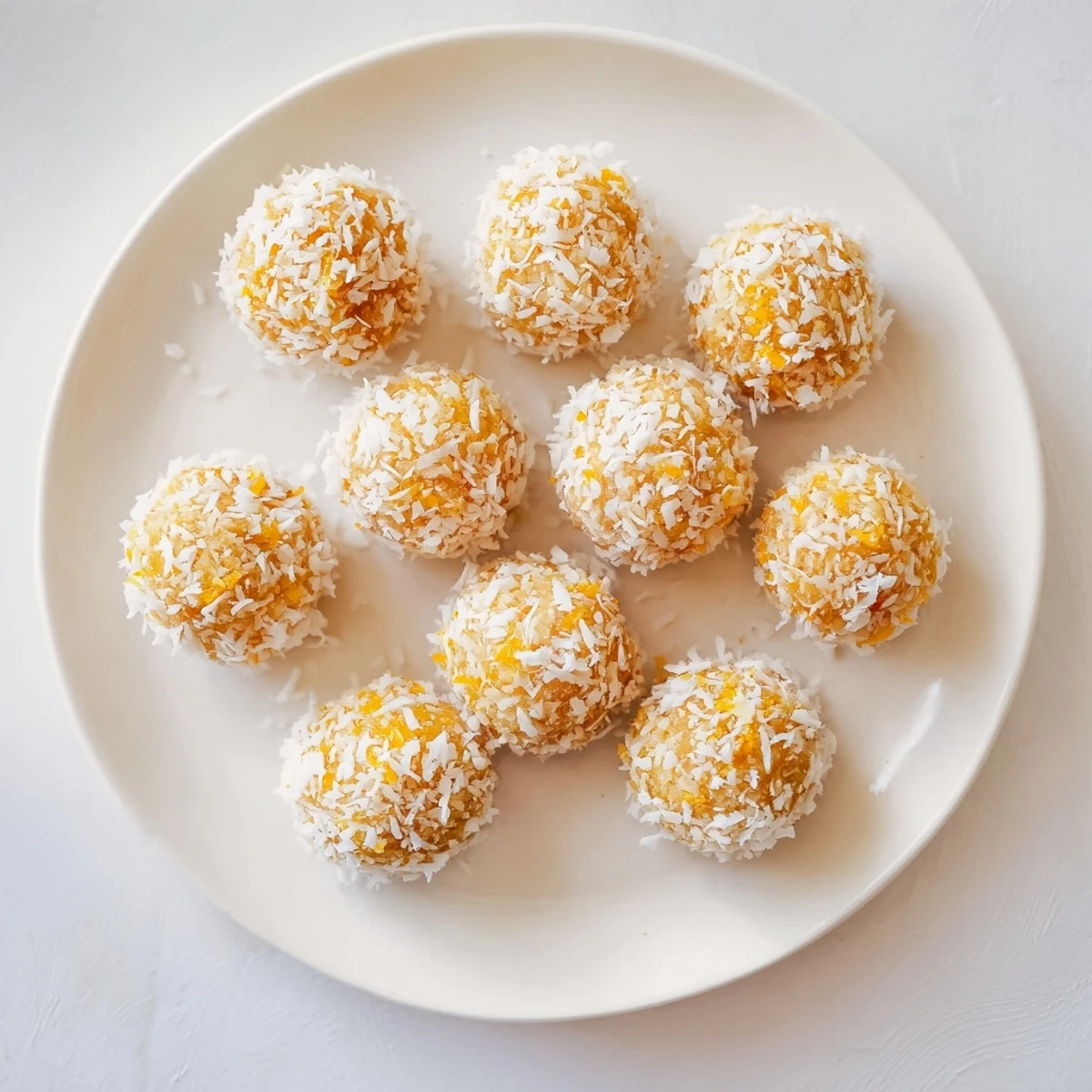 Freshly made no-bake Citrus Bliss Bites arranged on platter with shredded coconut coating for parties