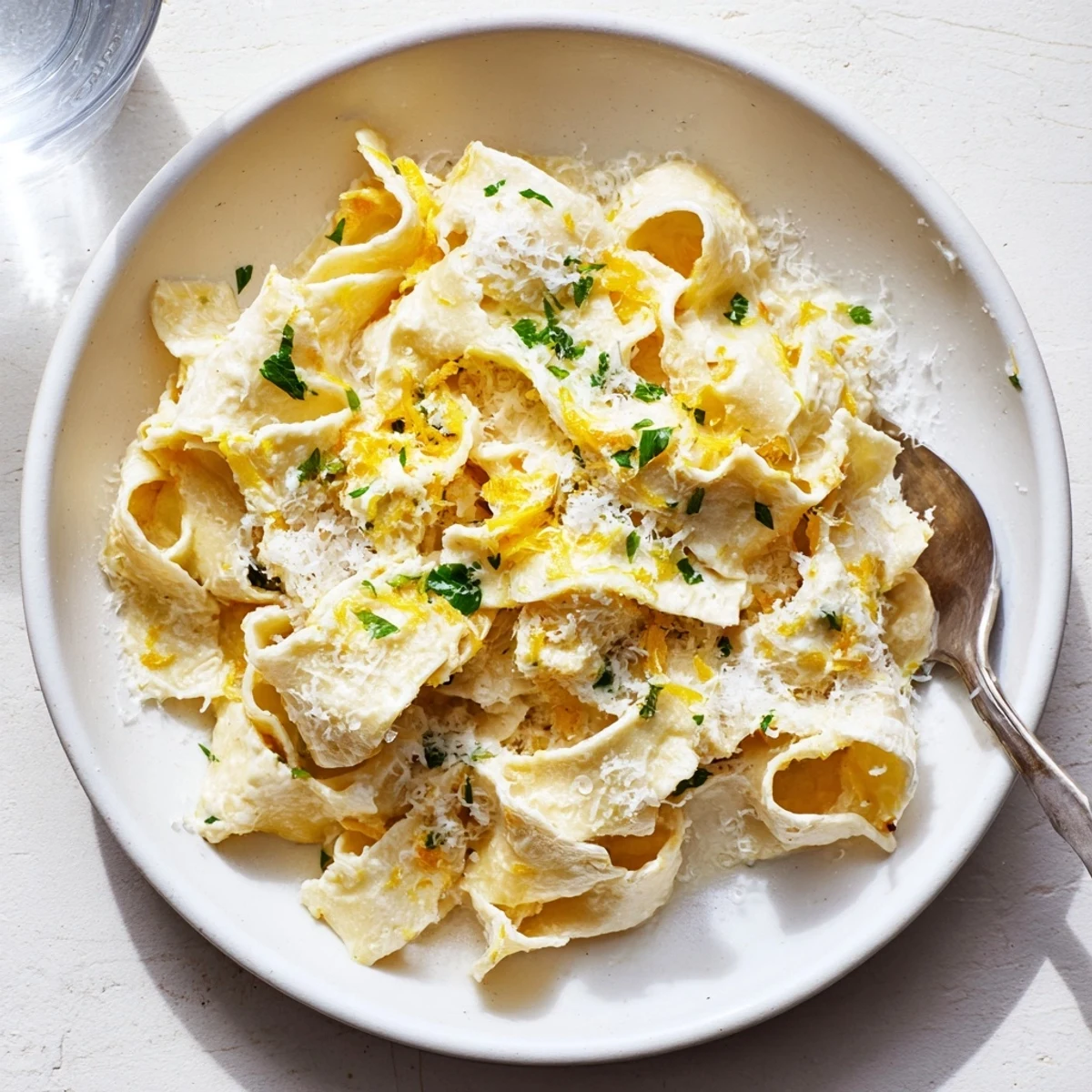 Golden wide egg noodles coated in a rich, creamy white cheese sauce with sprinkled parsley garnish