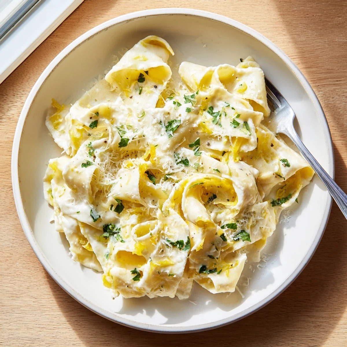 Tender egg noodles tossed in savory cream sauce with golden Parmesan and chopped fresh parsley topping