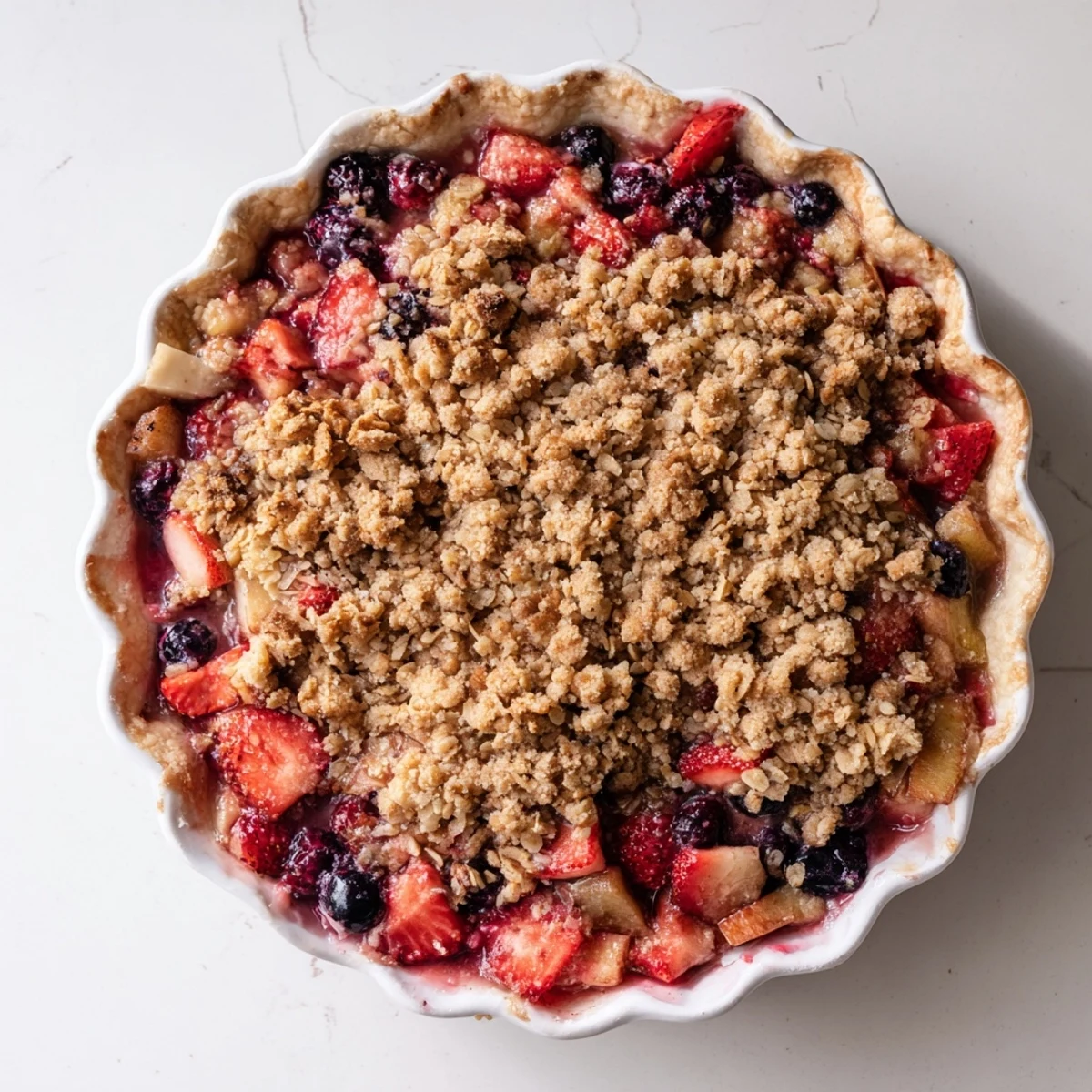 Golden crumble-topped sweet berry rhubarb dream pie with bubbling red fruit filling