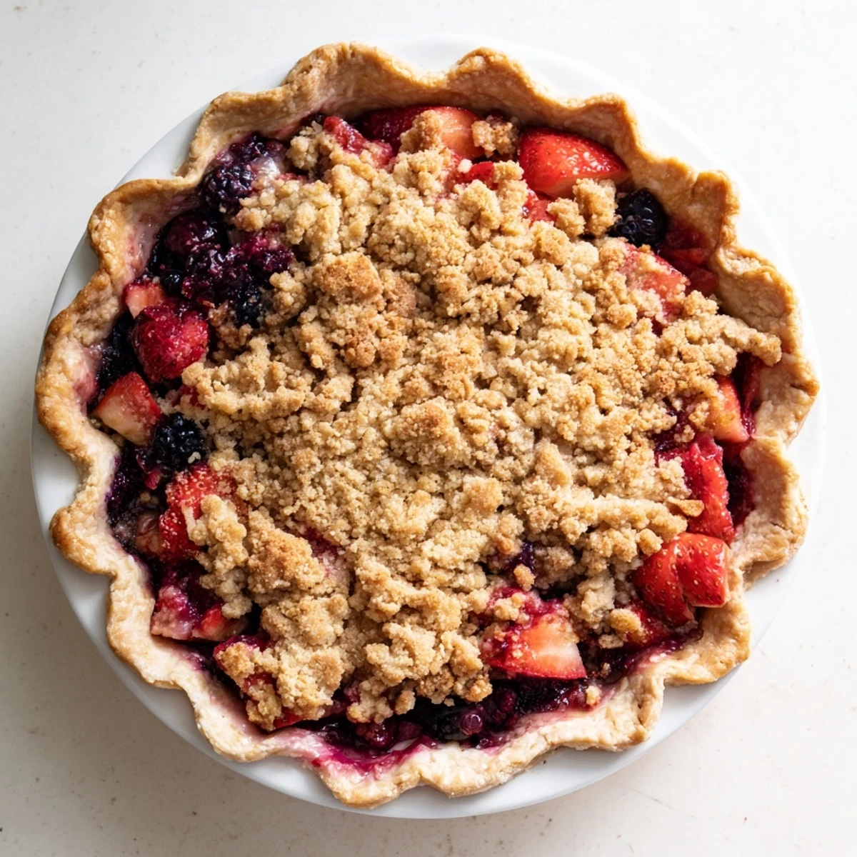 Sliced sweet berry rhubarb dream pie showcasing layered berries, rhubarb, and buttery oats