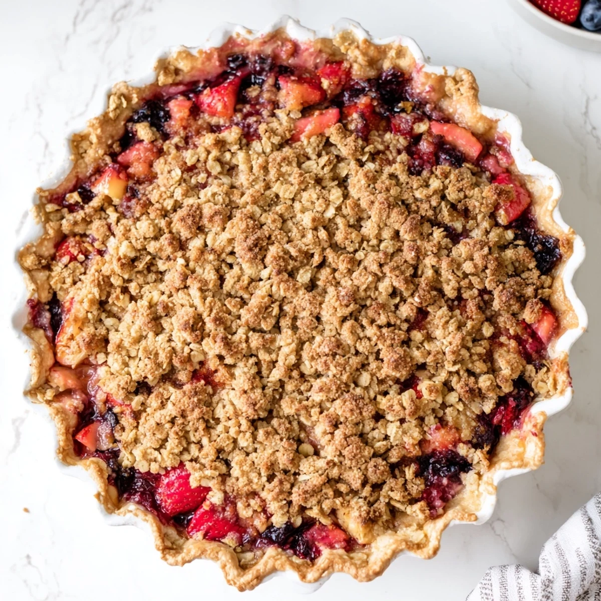Whole sweet berry rhubarb dream pie with spiced crumble and vibrant mixed berries