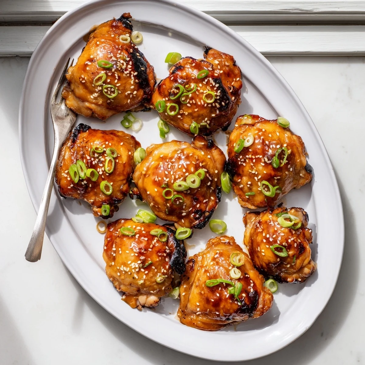 Golden bone-in teriyaki chicken thighs glazed with sticky sauce and sprinkled with sesame seeds.
