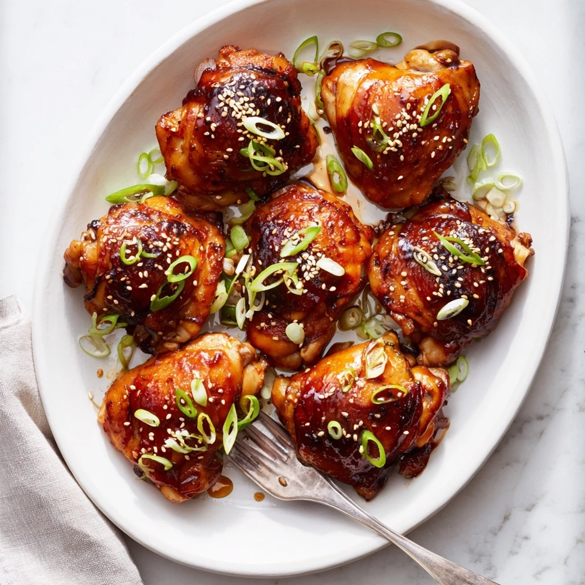 Savory teriyaki chicken thighs roasted until caramelized with green onion garnish on a white platter.